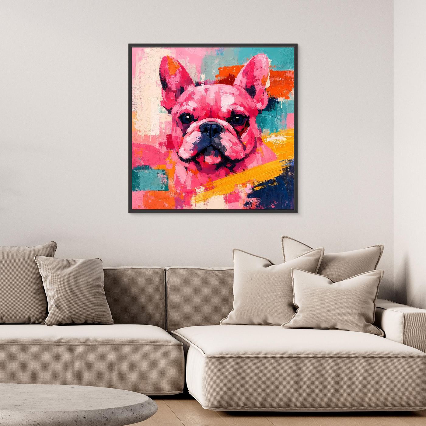 Schwarz gerahmtes Leinwandbild mit farbenfroher Französischer Bulldogge im Pop-Art-Stil