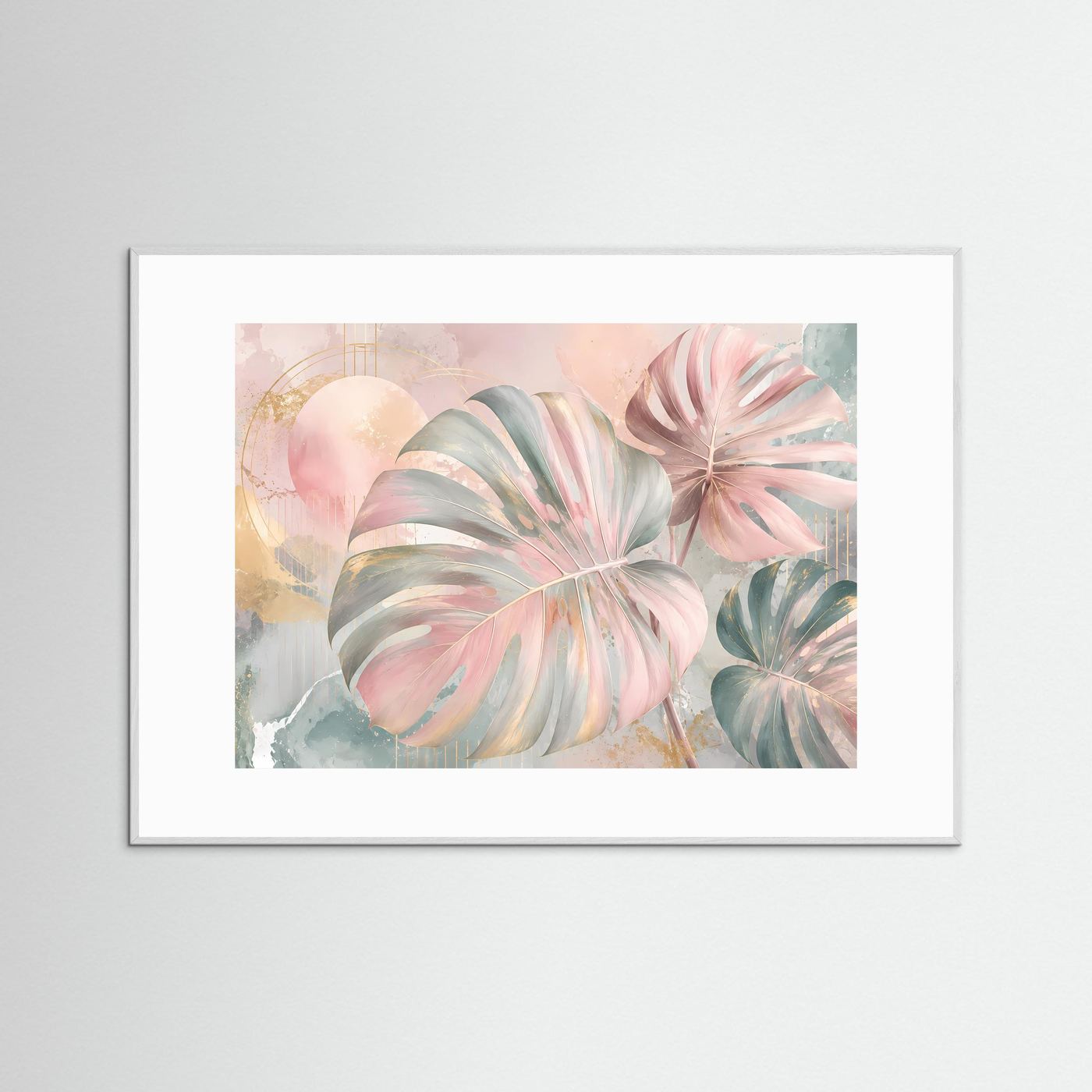 Monstera Blätter Poster Querformat | Tropische Wandkunst Pastell Rosa Gold | Moderne Botanische Kunst