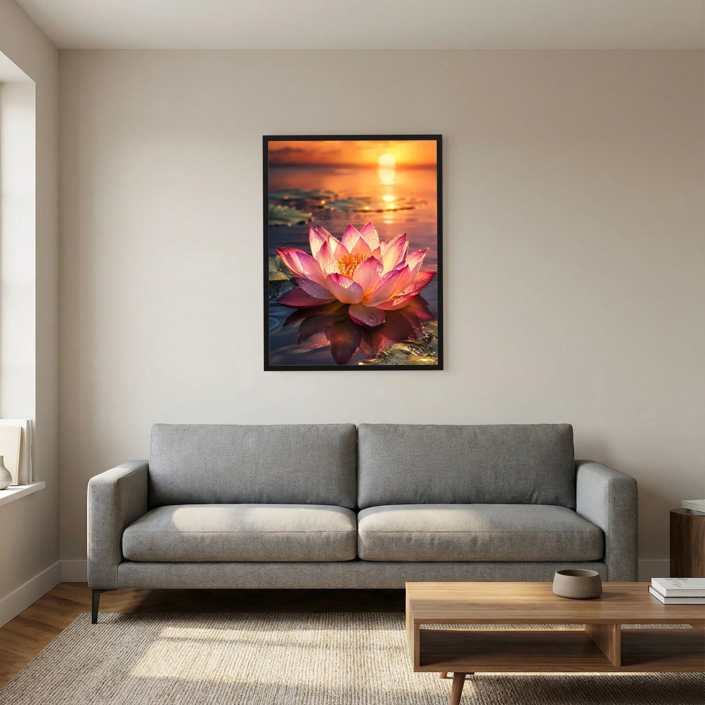 Gerahmtes Wandposter im Hochformat: leuchtende Lotusblüte in Rosa bei Sonnenuntergang
