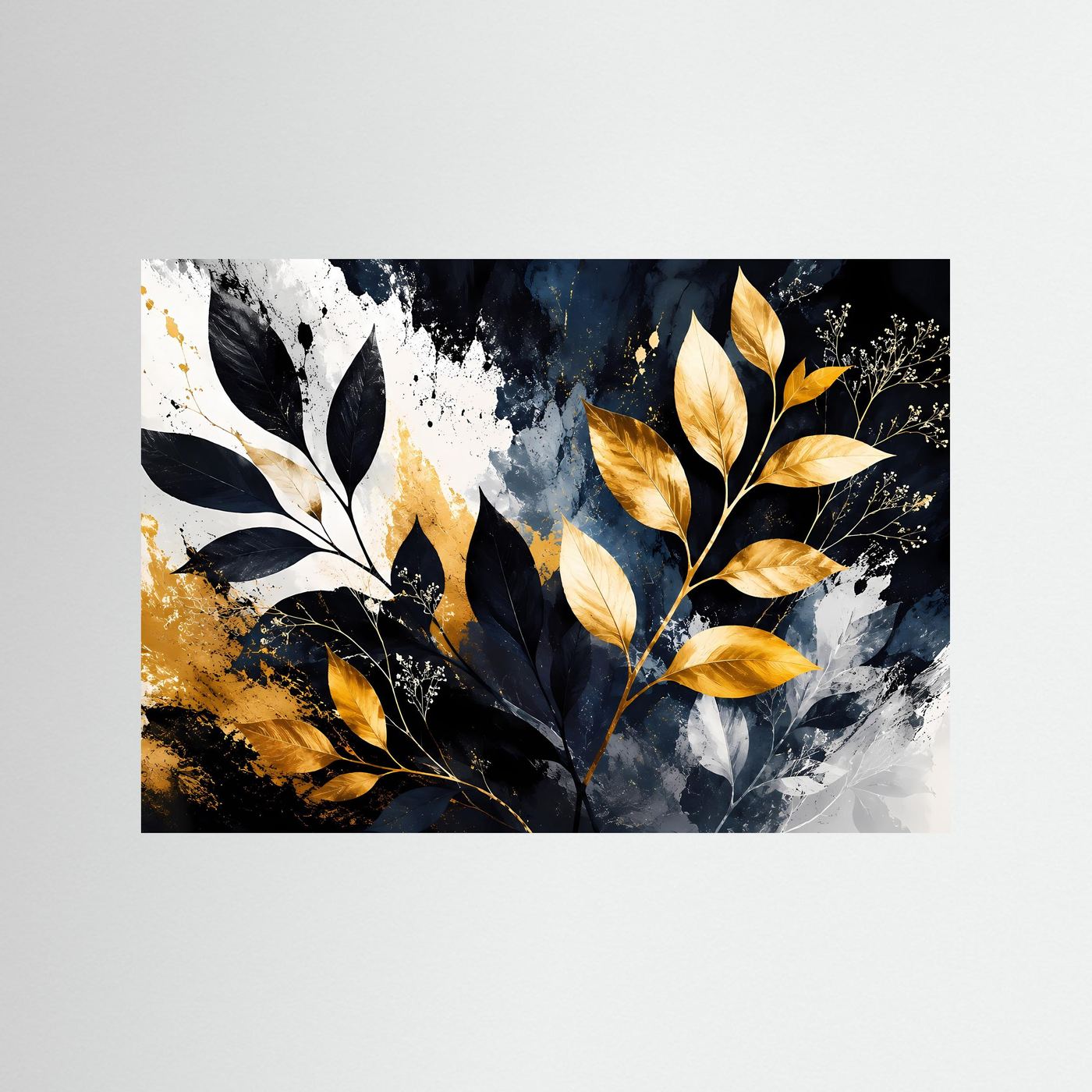 Goldene Botanische Blätter Wandbild | Schwarz Weiß Gold Pflanzen Kunst | Moderne Botanical Wall Art | Luxus Leinwand Poster | Elegante Natur Deko