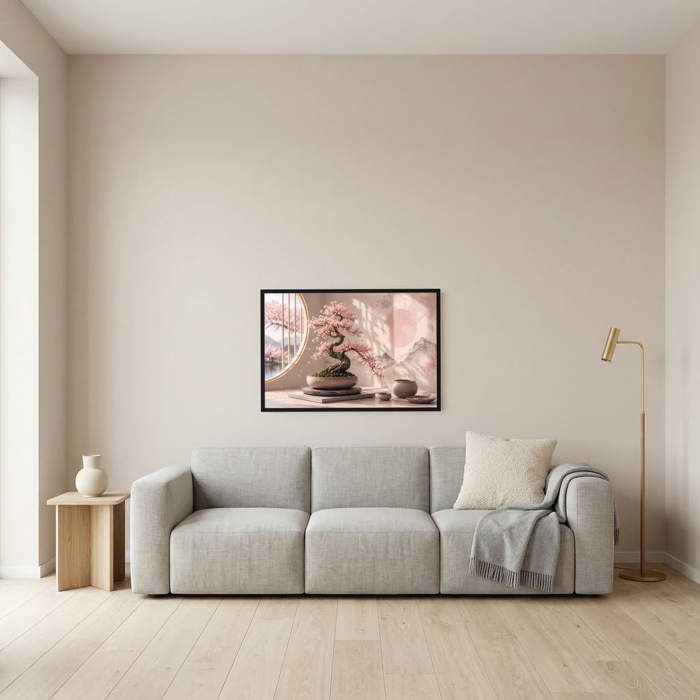 Poster im Querformat: Bonsai mit Kirschblüten in Pastellrosa, schwarzer Rahmen