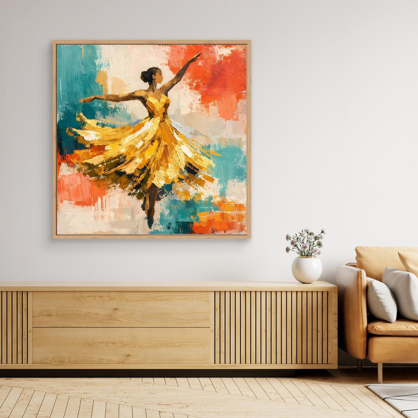 Leinwand-Wandbild mit abstrakter Tänzerin, gemischte Farben und gelbes Kleid im Fokus