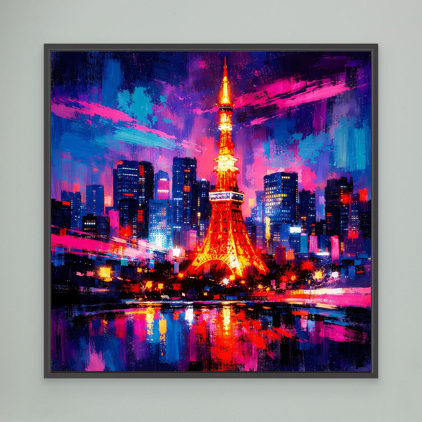 Wandbild mit abstrakter Skyline und leuchtendem Eiffelturm, Blau-Pink-Rot, schwarz gerahmt