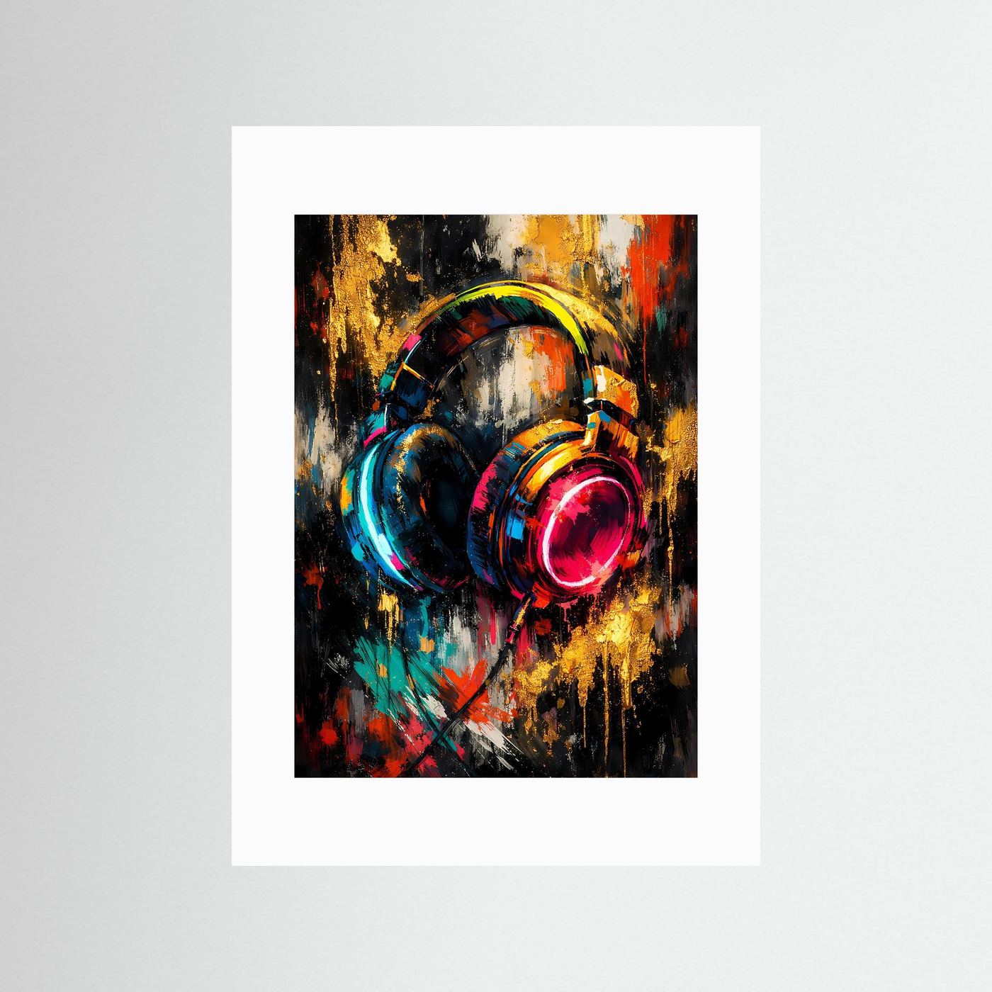 Musik-Poster mit abstrakten Kopfhörern in Blau, Rot und Gold auf weißer Fläche