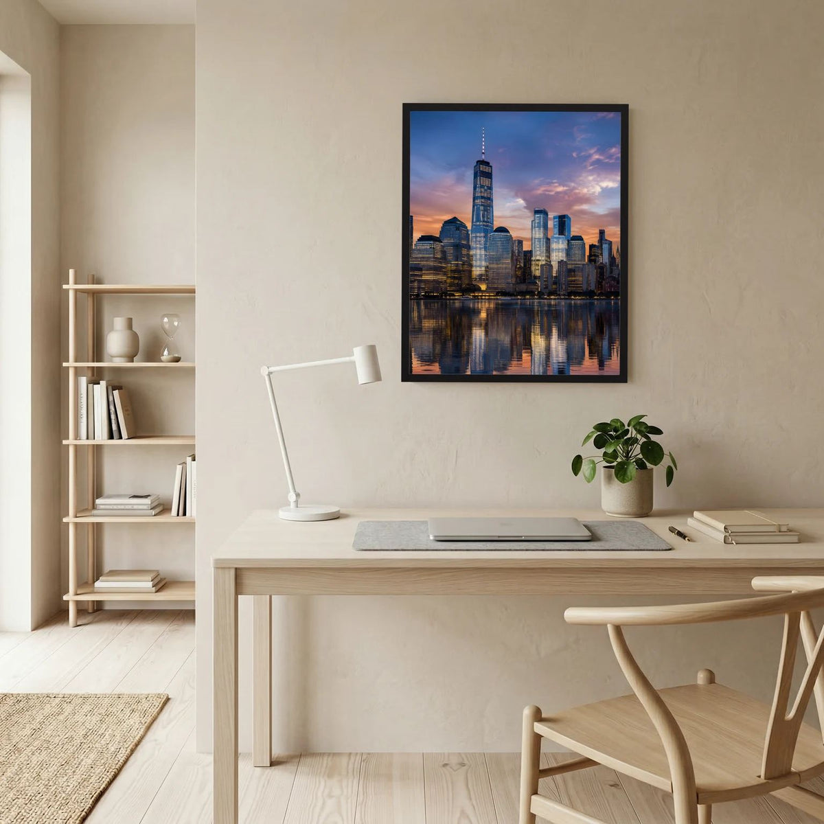 Hochformat-Poster Manhattan-Skyline bei Sonnenuntergang im schwarzen Rahmen
