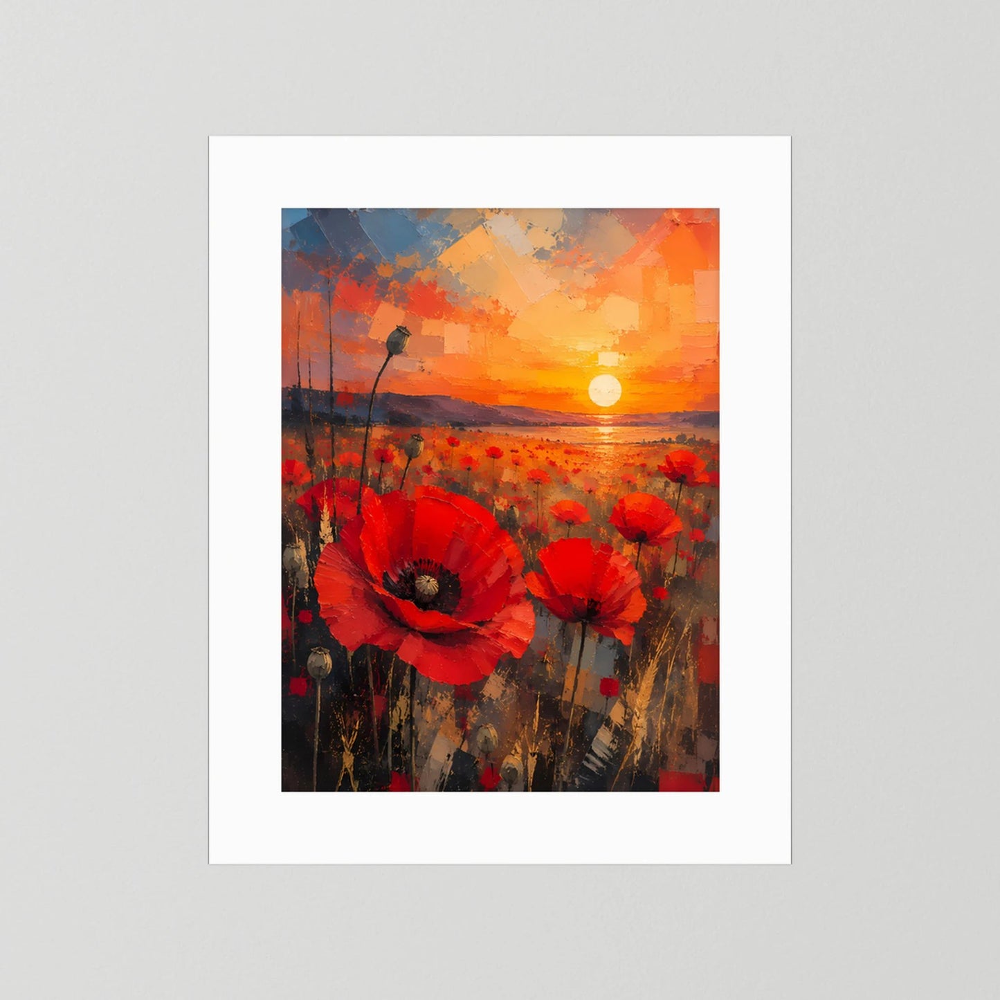 Hochformat-Poster mit roten Mohnblumen und orangefarbenem Sonnenuntergang, mit weißem Rand