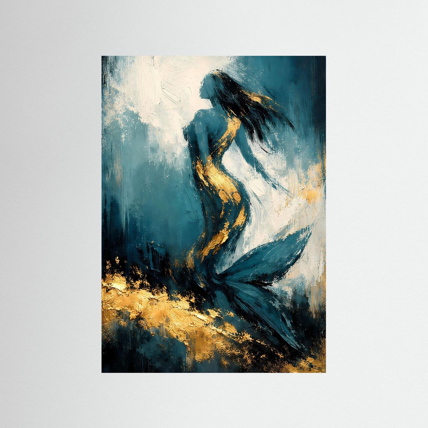 Hochformatiges Meerjungfrau-Kunstposter mit abstraktem Ozeanmotiv in Blau, Türkis und Gold