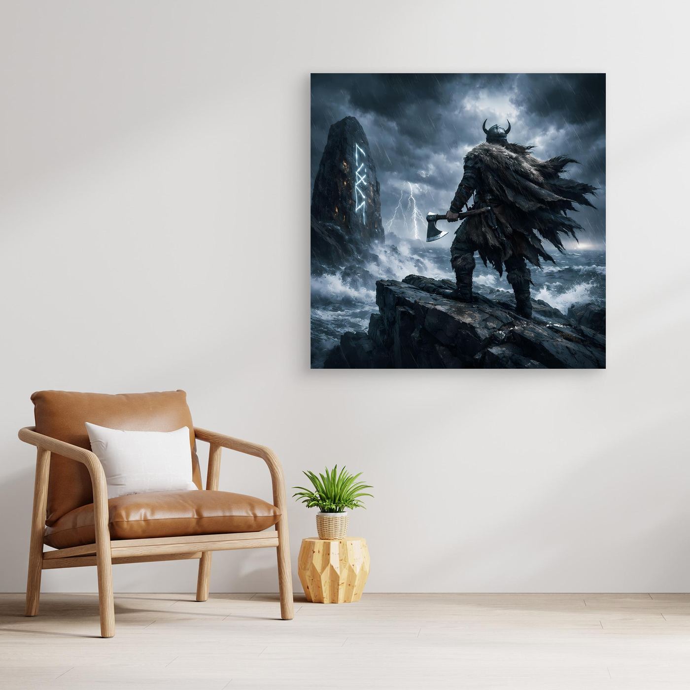Leinwand Mystischer Wikinger am Runenstein | Abstraktes Nordisches Gewitter Wandbild
