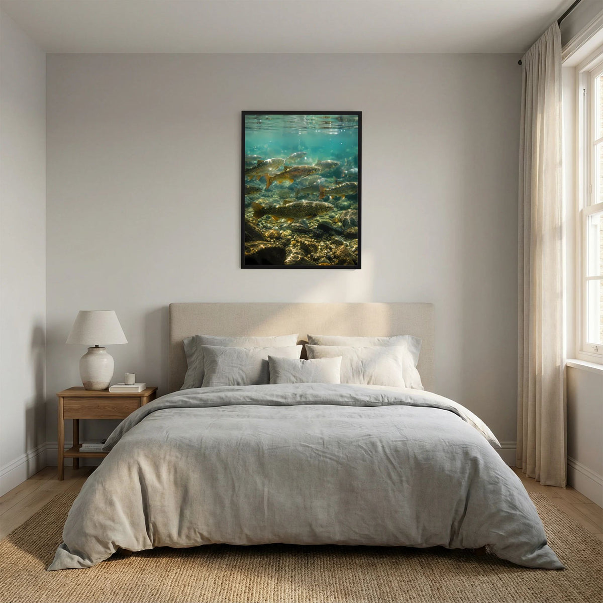 Poster im Hochformat mit Forellen unter Wasser und Flusssteinen, gerahmt in Schwarz