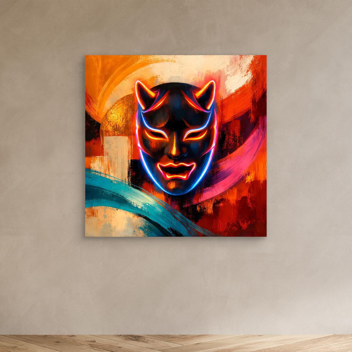 Leinwandbild mit Neon-Oni-Maske, kräftige Orange- und Pinktöne, leuchtende Konturen