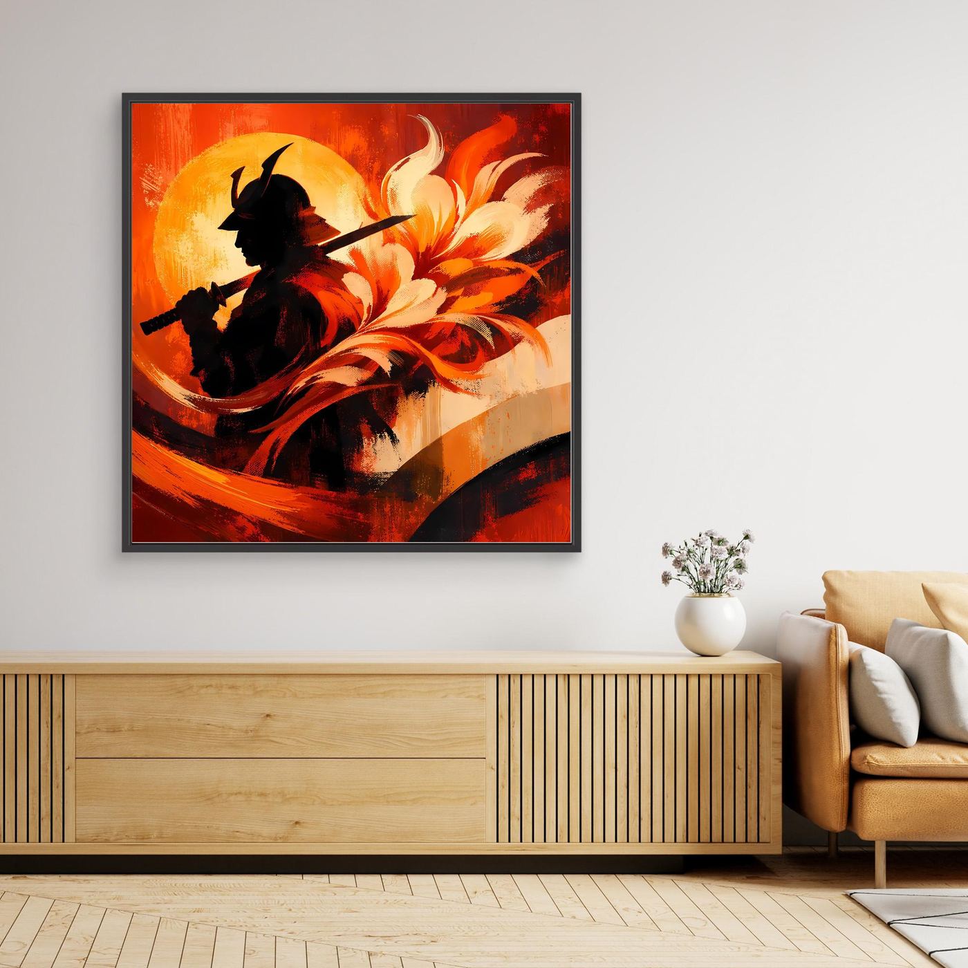 Gerahmtes Leinwand-Wandbild mit Samurai-Silhouette und roten Flammenblüten, schwarzer Rahmen