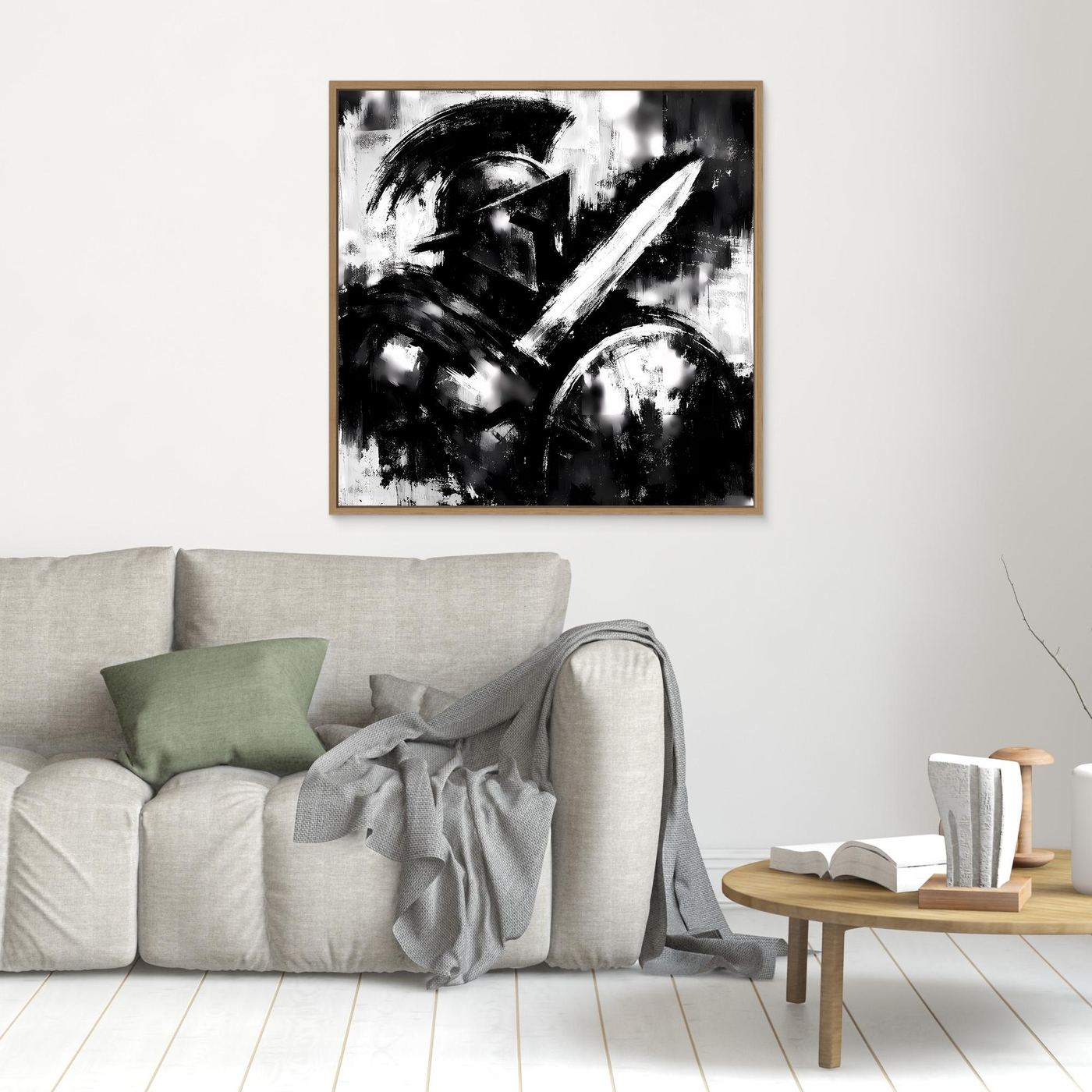 Abstraktes Wandbild Schwarzweiß mit Pinselstrichen, Holzrahmen