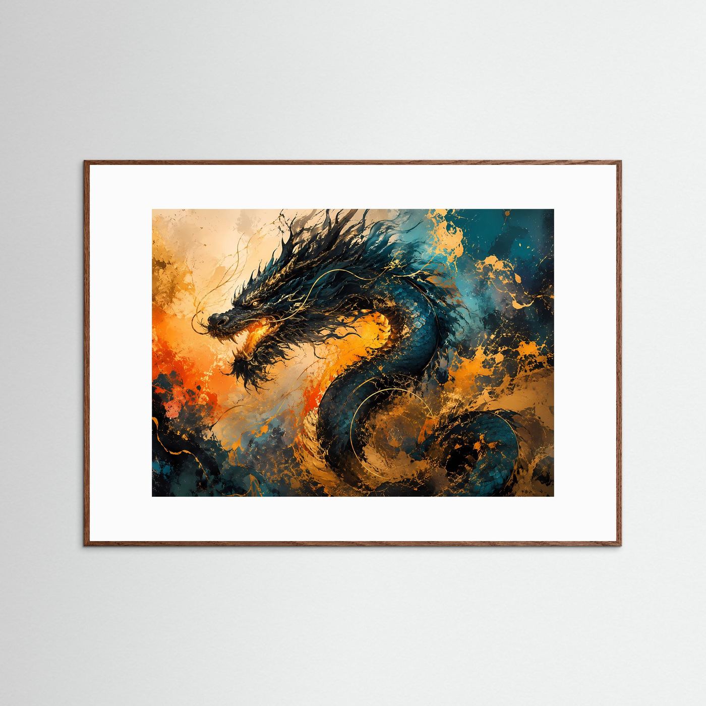 Gerahmtes Fantasy-Poster im Querformat mit braunem Holzrahmen, Drachenkopf und -schwanz