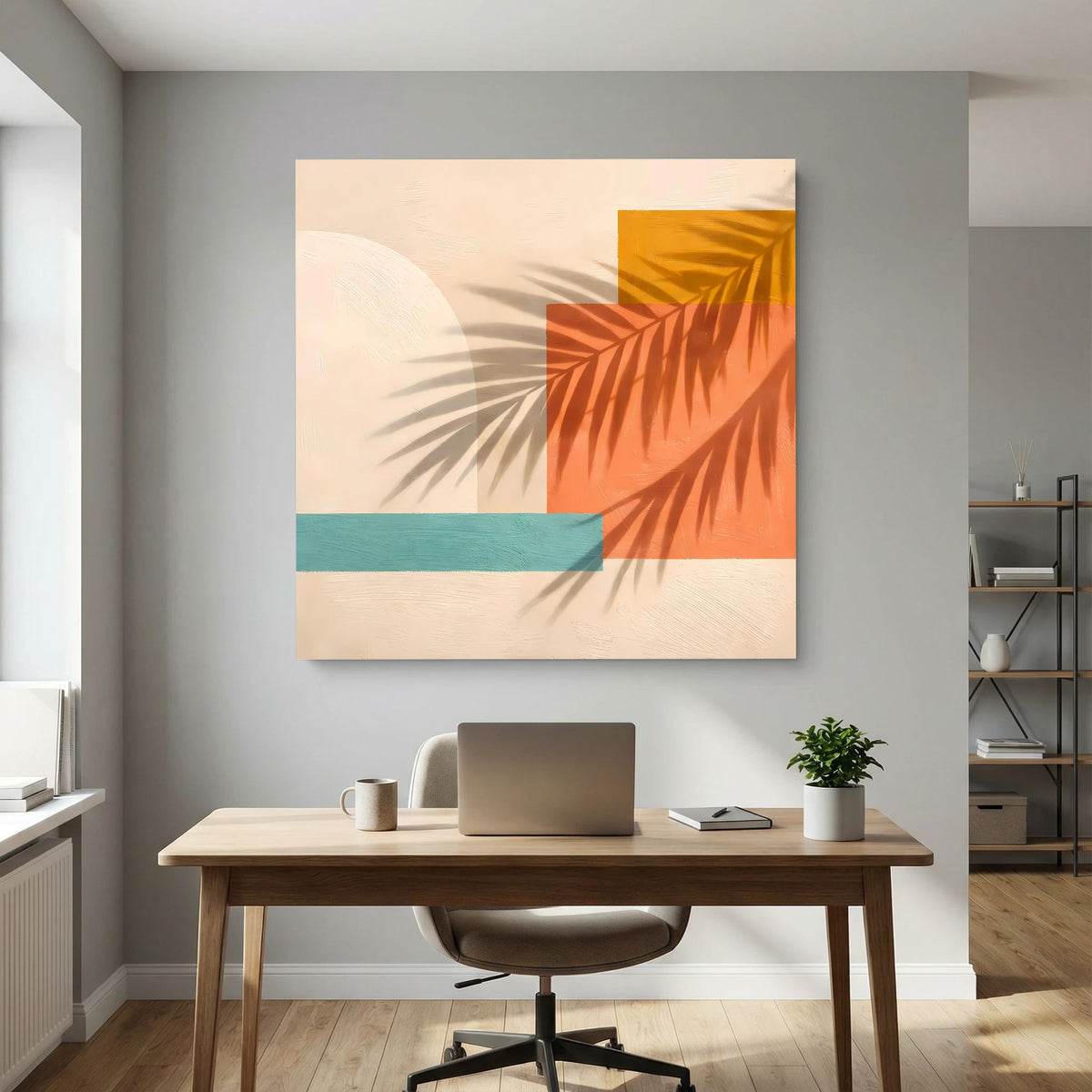 Leinwand Abstrakte Geometrie mit Palmenschatten | Modernes Boho Wandbild Terracotta