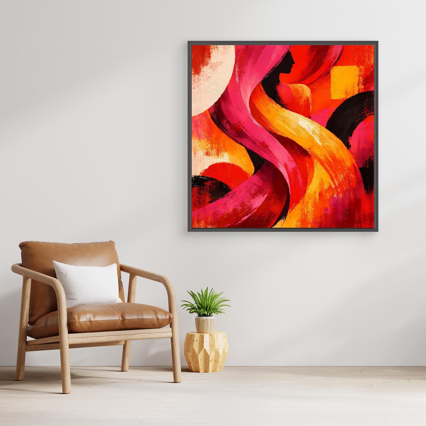 Leinwandbild mit abstrakten Pinselstrichen in Rot, Pink und Orange, mit Rahmen