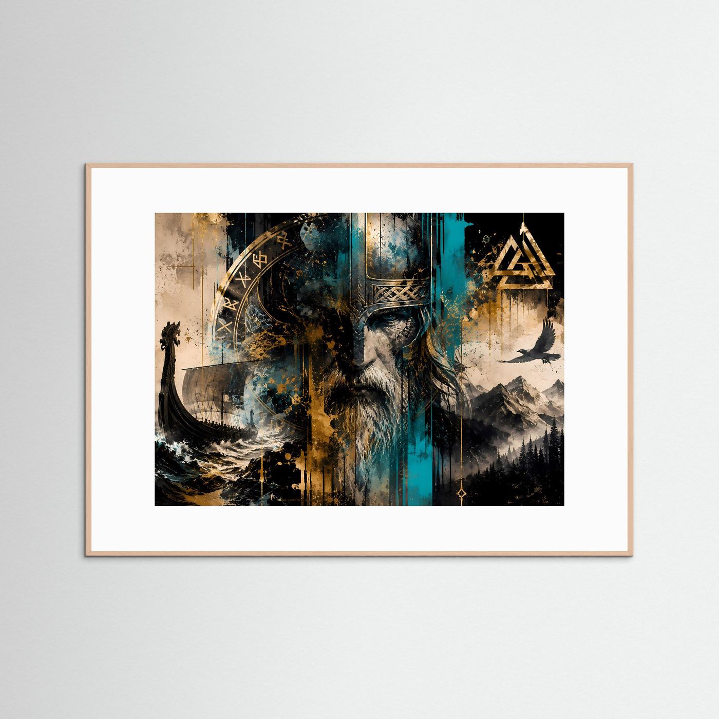 Wikinger Krieger mit Runen & Drachenschiff | Nordische Mythologie Poster Panorama Querformat in Gold, Türkis & Schwarz
