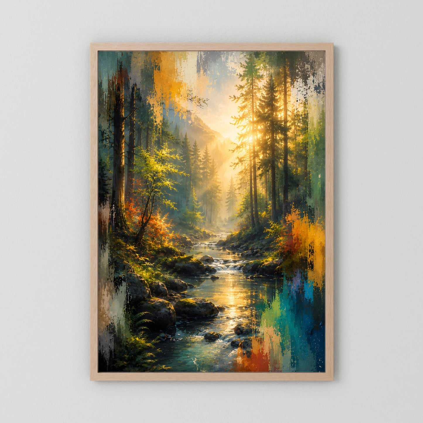 Kunstposter im hellen Holzrahmen mit abstraktem Wald und Bach, gelb und blau