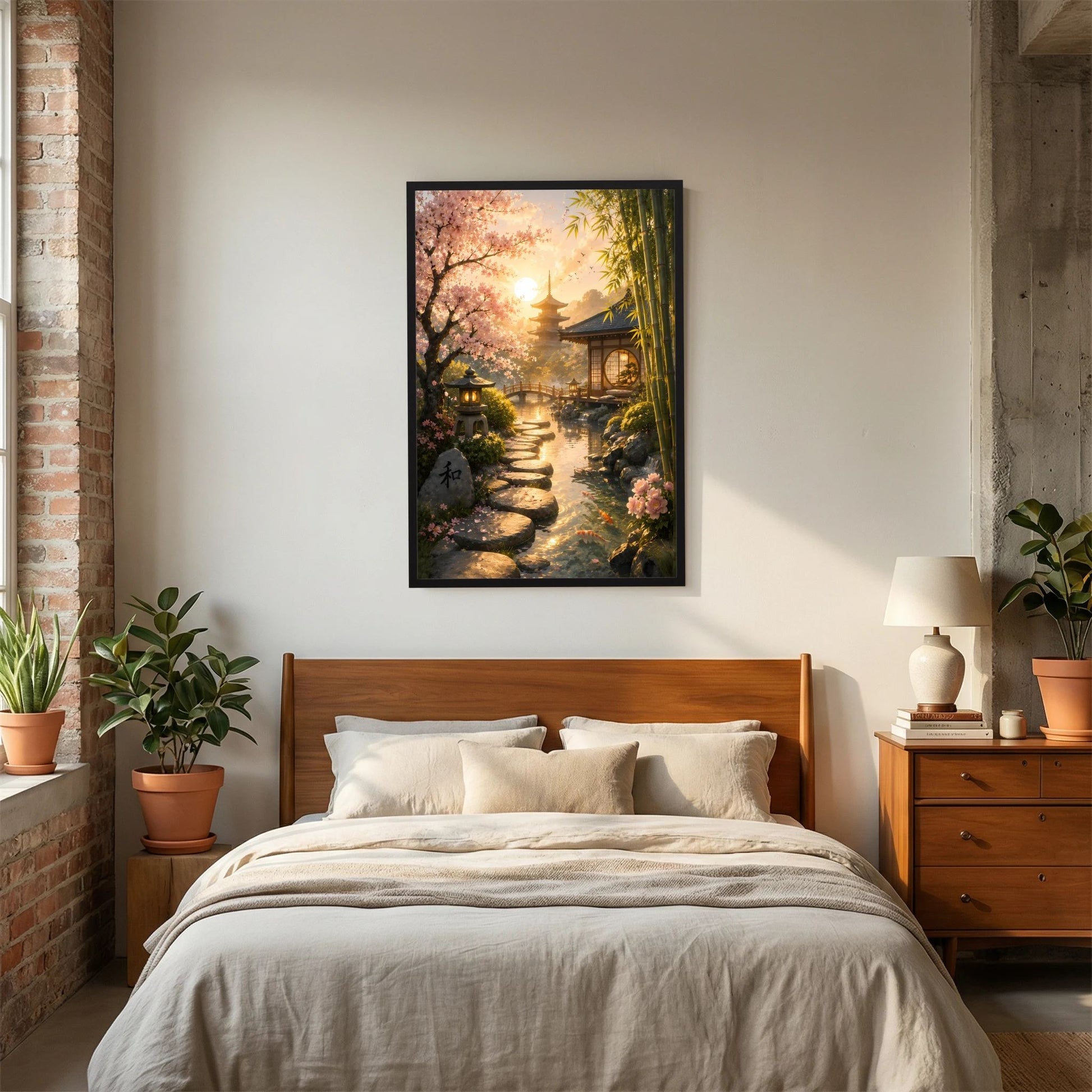 Hochformat-Wandposter Zen-Garten mit Kirschblüten, Bambus und Teelicht-Laternen, schwarzer Rahmen
