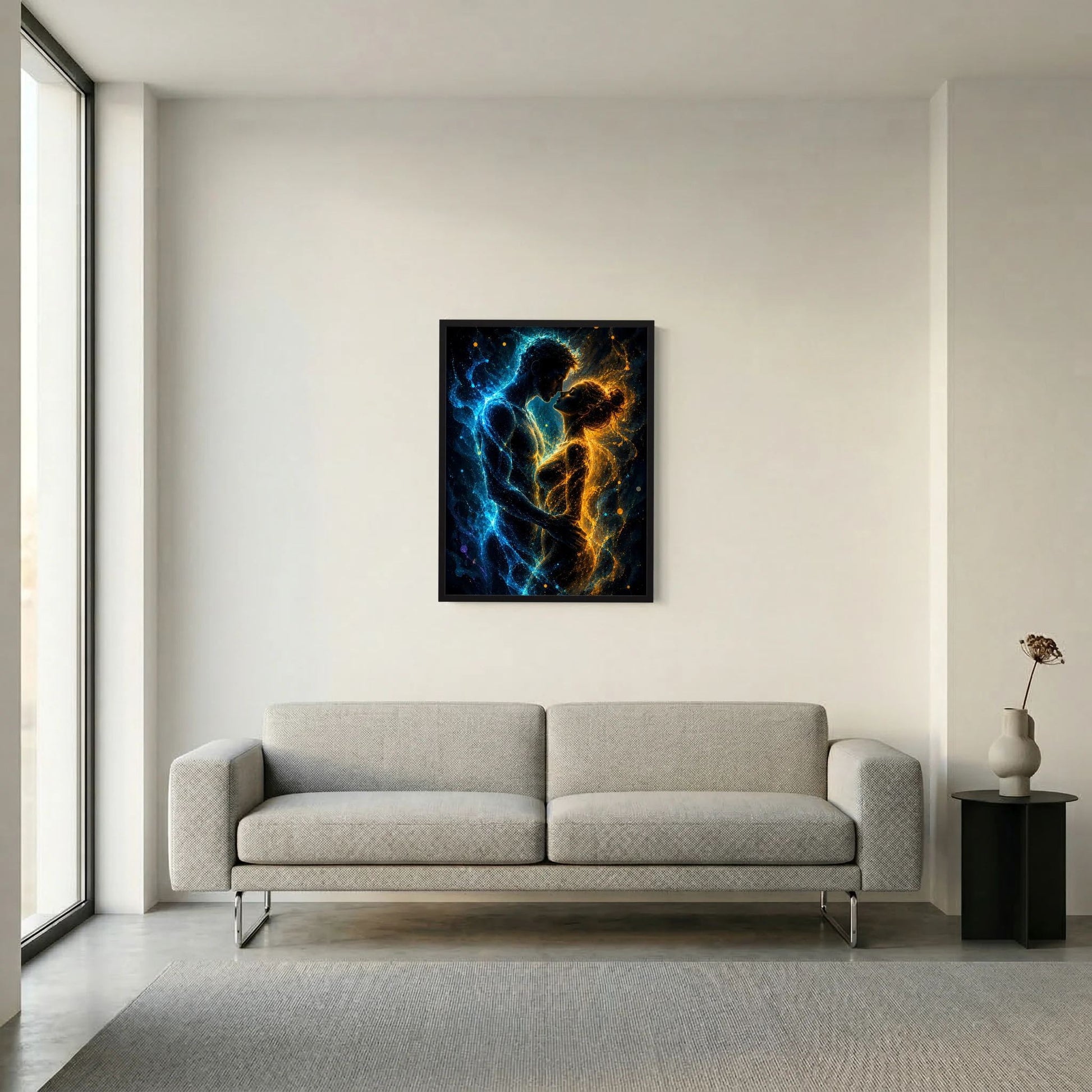Quadratisches Poster mit schwarzem Rahmen, abstraktes Liebespaar in Blau und Gold