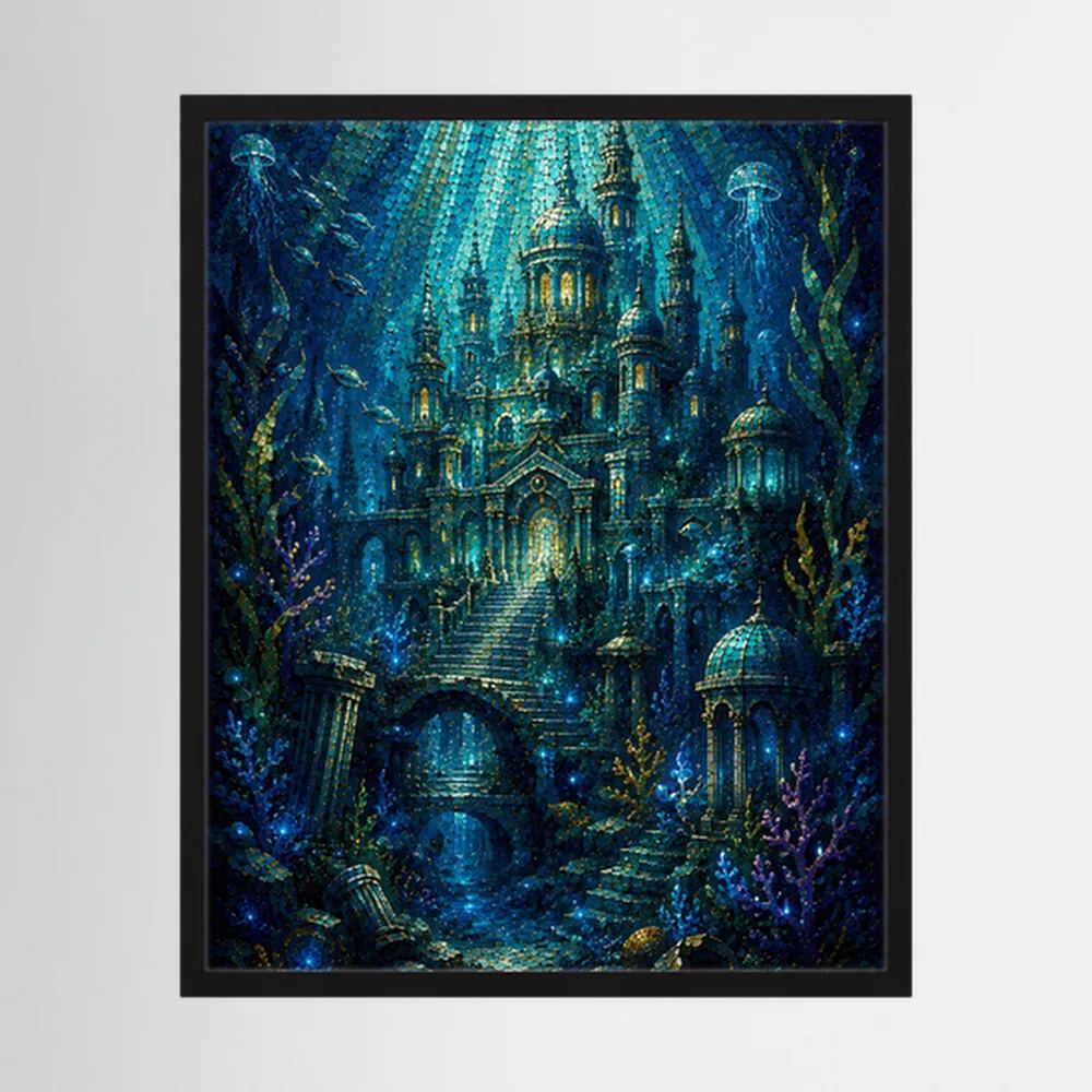 Gerahmtes Hochformat-Poster mit Unterwasserstadt im Mosaikstil, blau und gold
