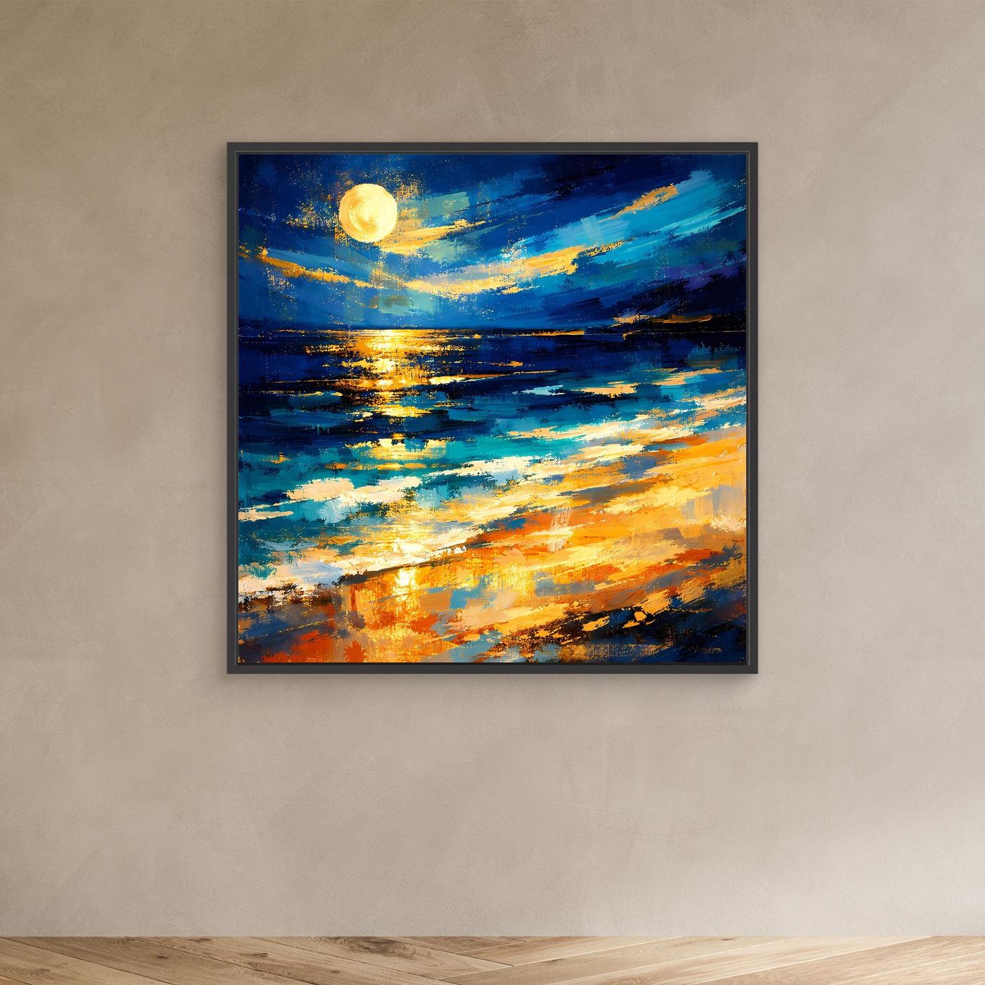 Leinwandbild mit leuchtendem Vollmond über abstraktem Meer, Blau- und Goldtöne im schwarzen Rahmen