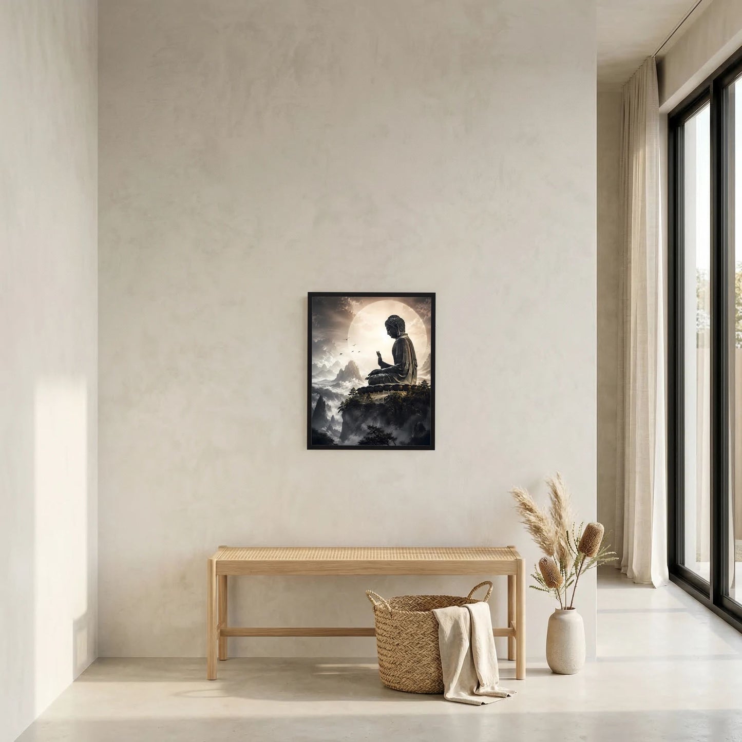 Kleines Wandposter im schwarzen Rahmen: sitzender Buddha über Berglandschaft und Wolken
