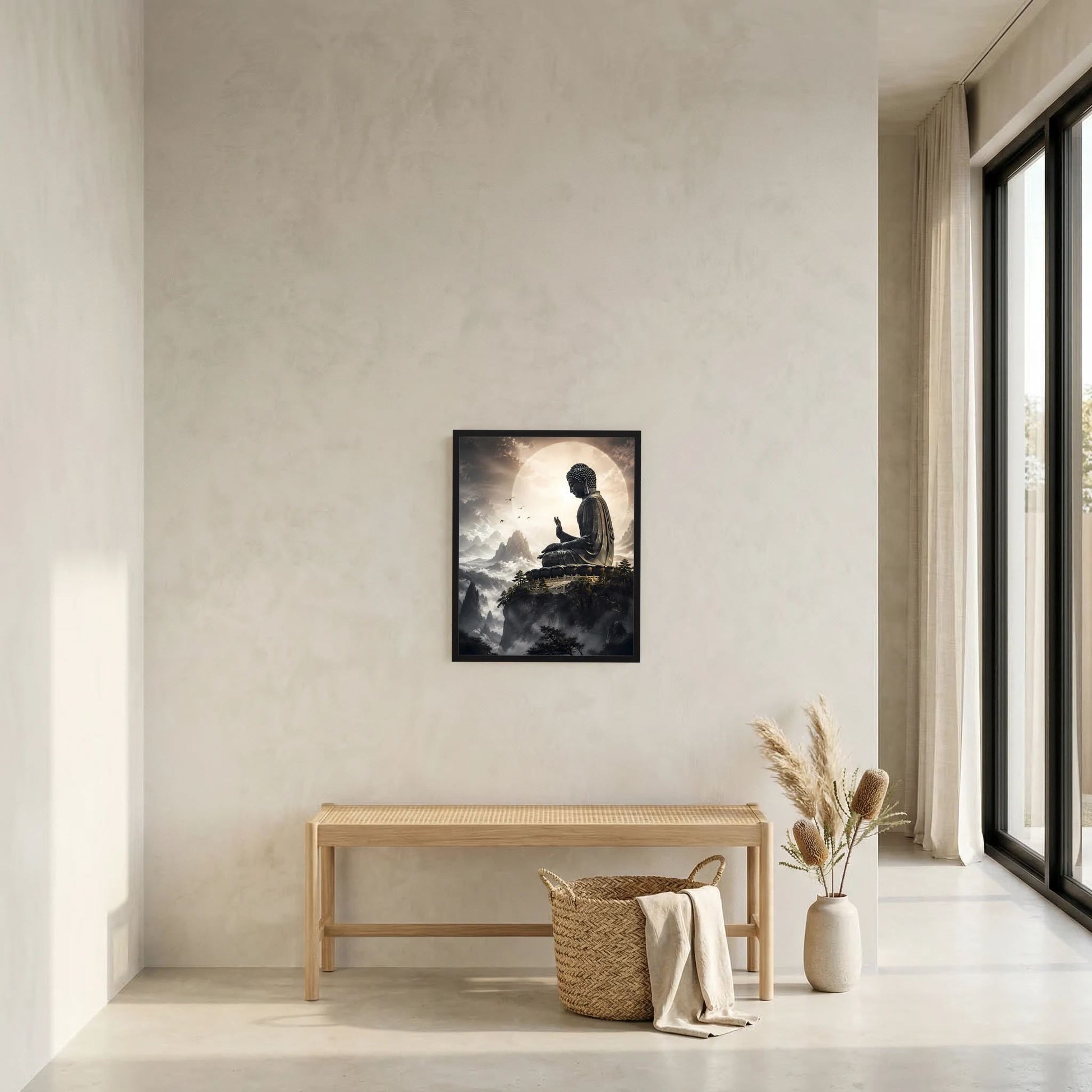 Kleines Wandposter im schwarzen Rahmen: sitzender Buddha über Berglandschaft und Wolken