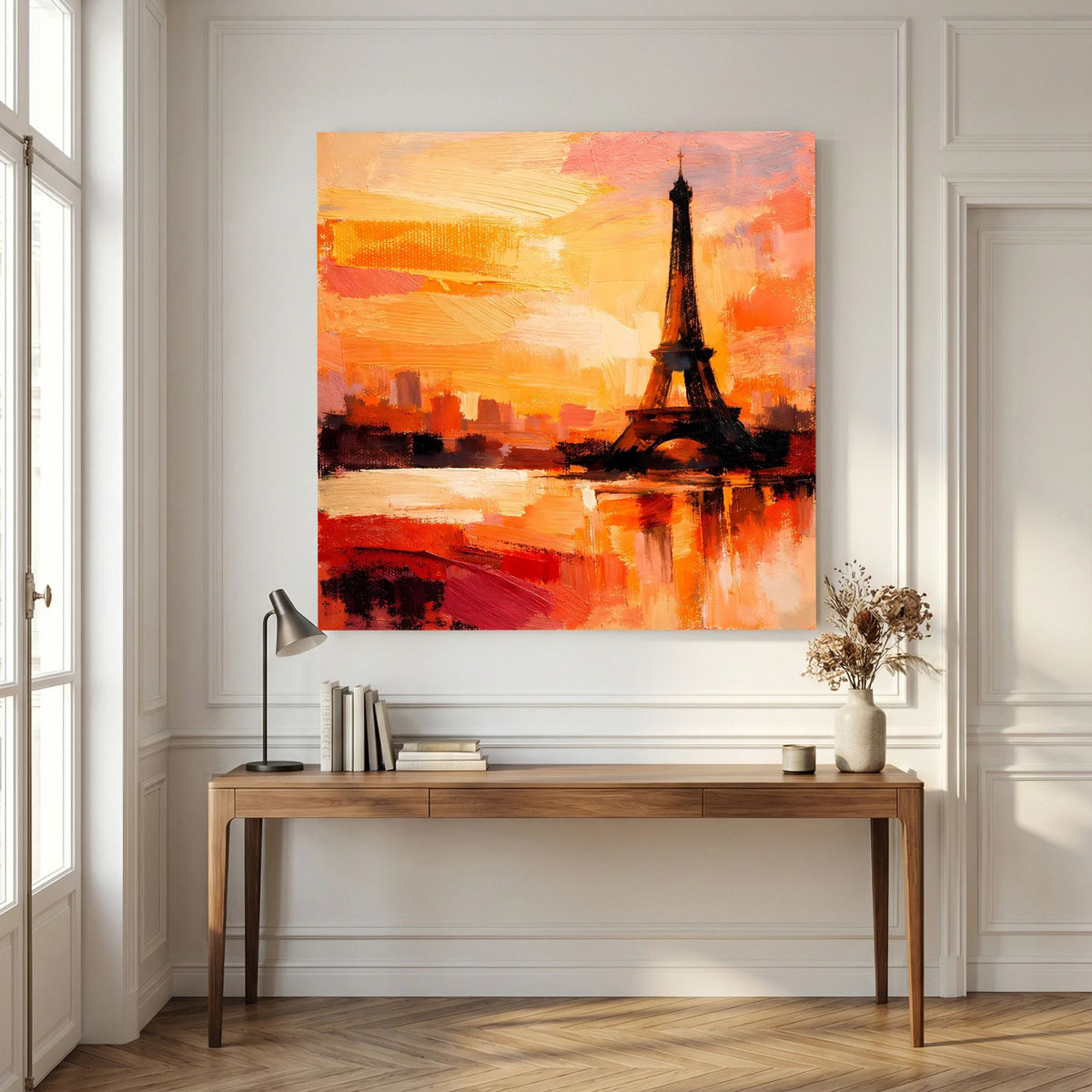 Leinwand Abstraktes Eiffelturm Paris Gemälde | Modernes Romantisches Wandbild Sonnenuntergang