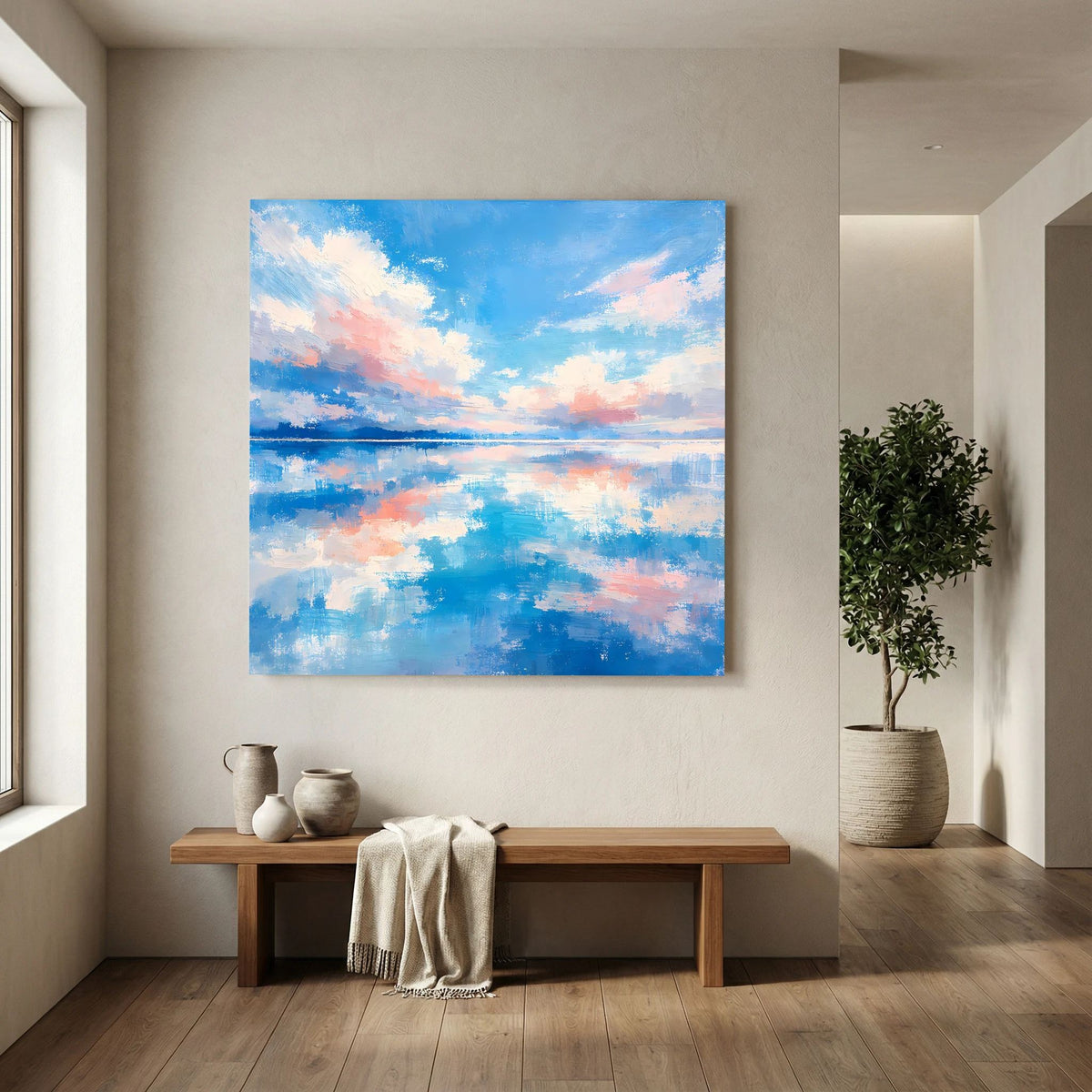 Abstraktes Wandbild auf Keilrahmen: reflektierendes Meer, blau und rosafarbene Wolken
