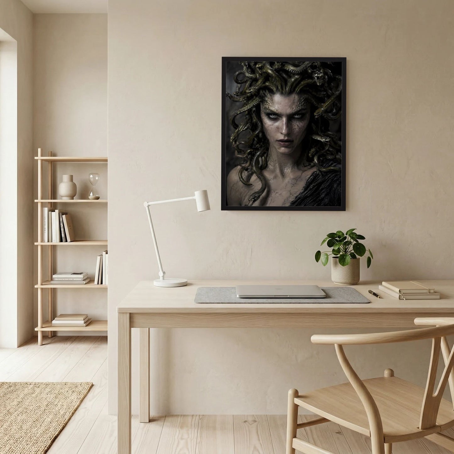 Gerahmtes Poster mit Medusa-Gesicht und grünen Schlangenhaaren über dem Schreibtisch