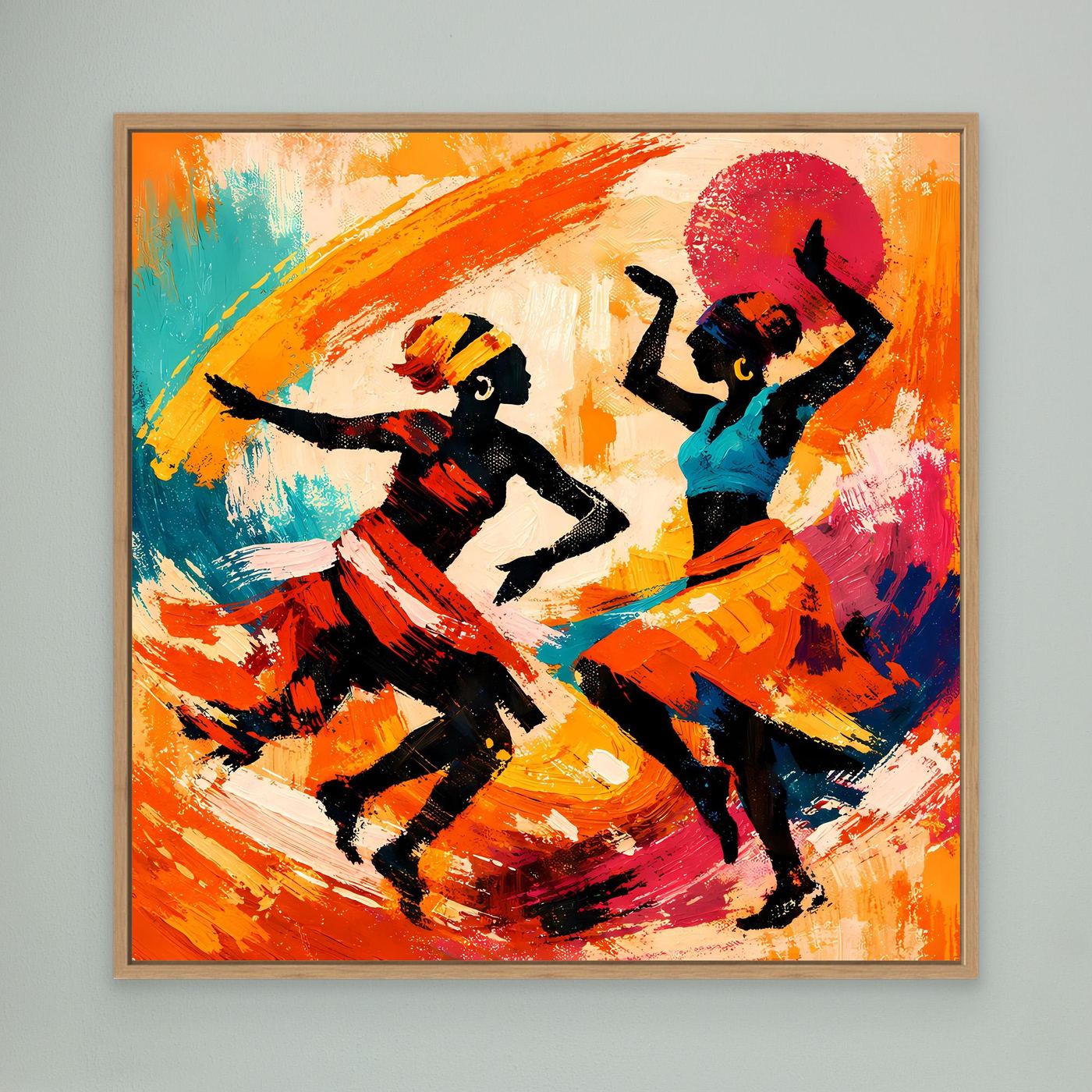 Leinwand Tanzende Afrikanerinnen im Sonnenuntergang | Abstraktes Ethno Pop Art Wandbild