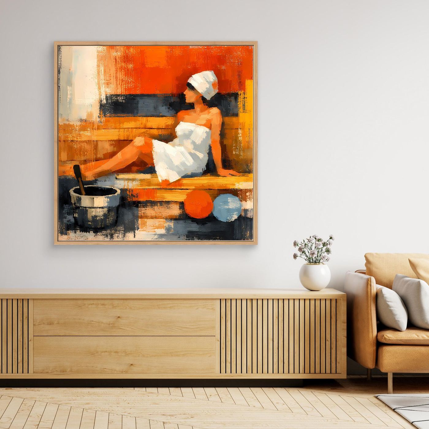 Abstract sauna woman framed canvas wall art with light wood border, orange and blue.