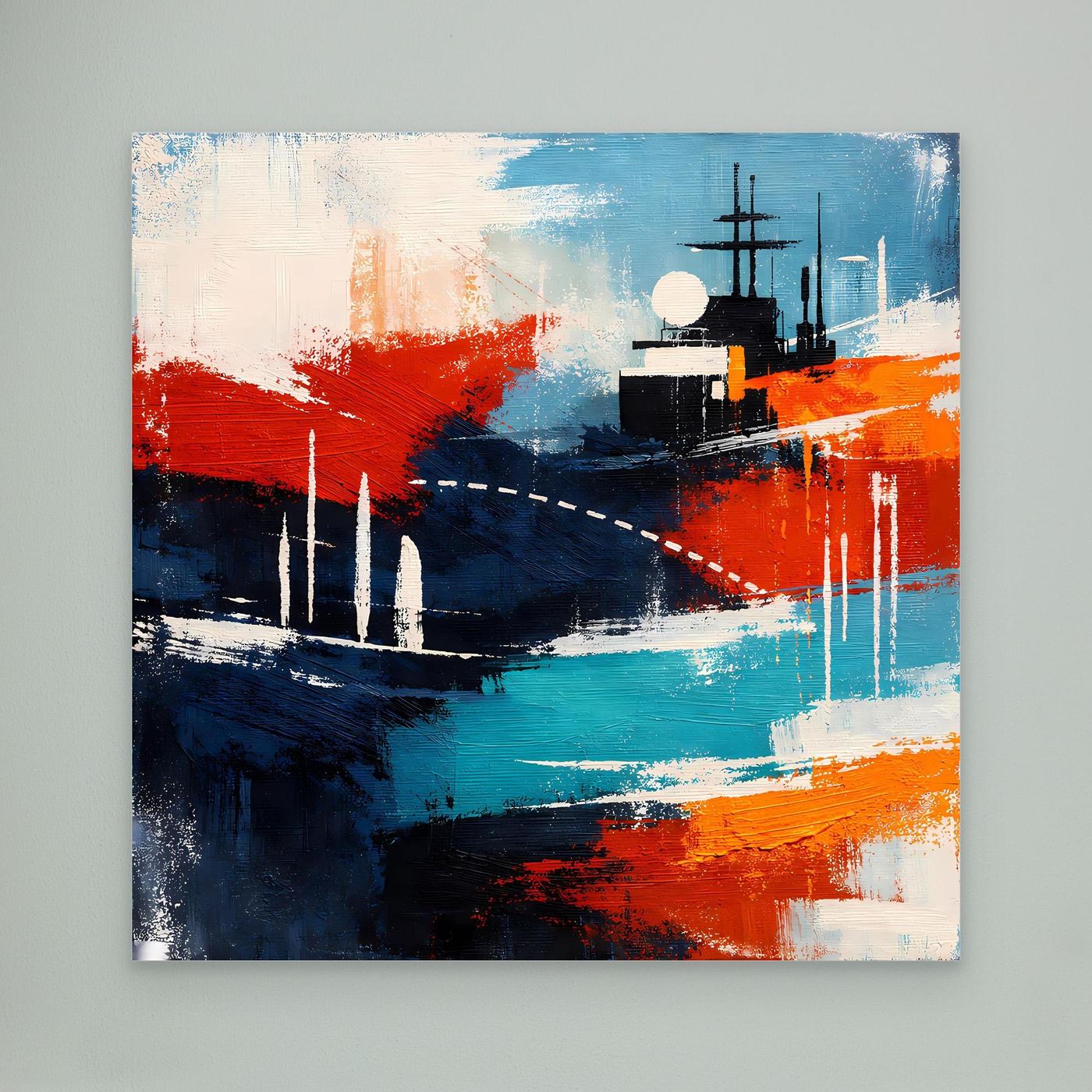 Abstraktes Leinwand-Wandbild mit Schiff in Blau und Rot, ohne Rahmen