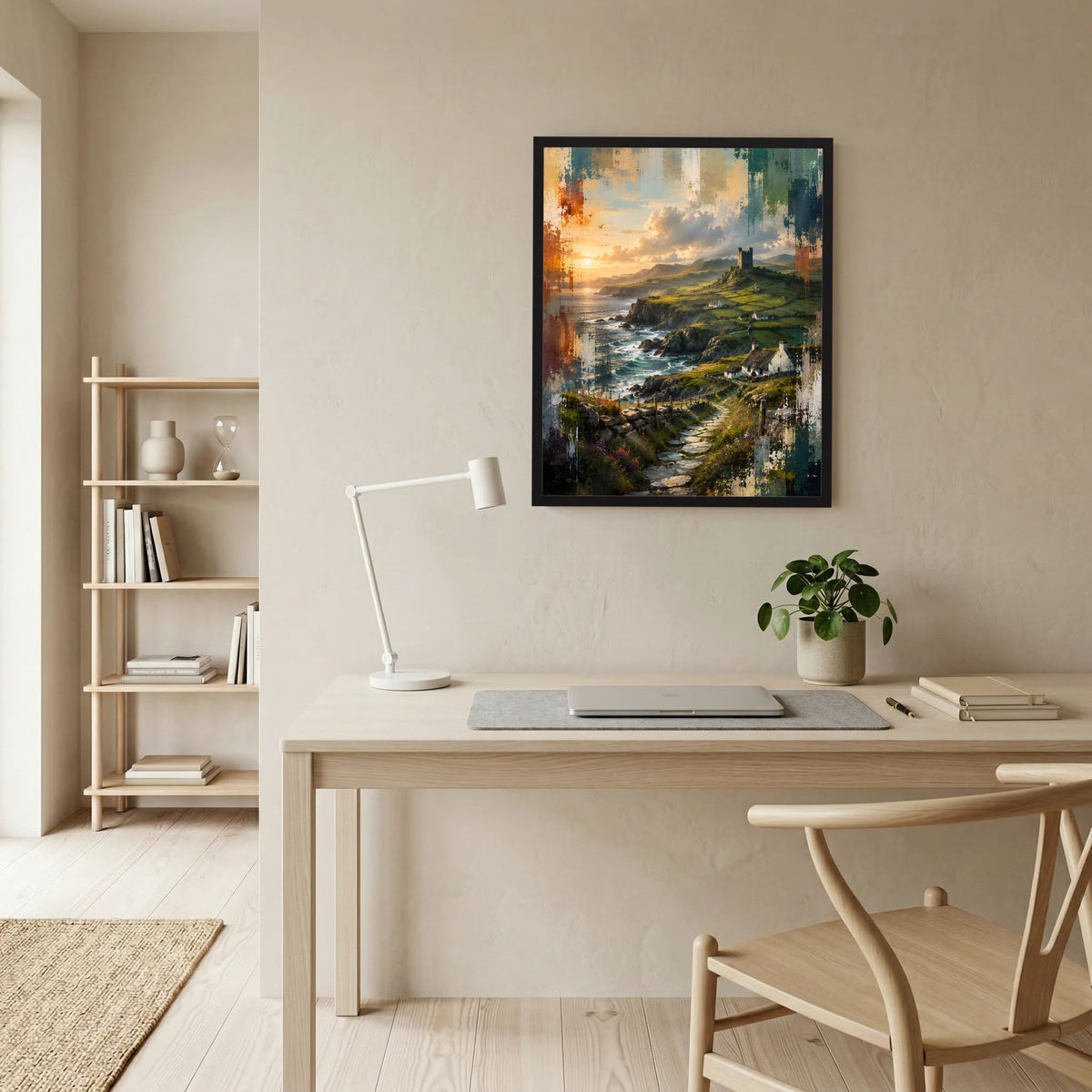 Gerahmtes Landschaftsposter im Hochformat mit Meerblick, grünen Klippen, Burgturm und Weg