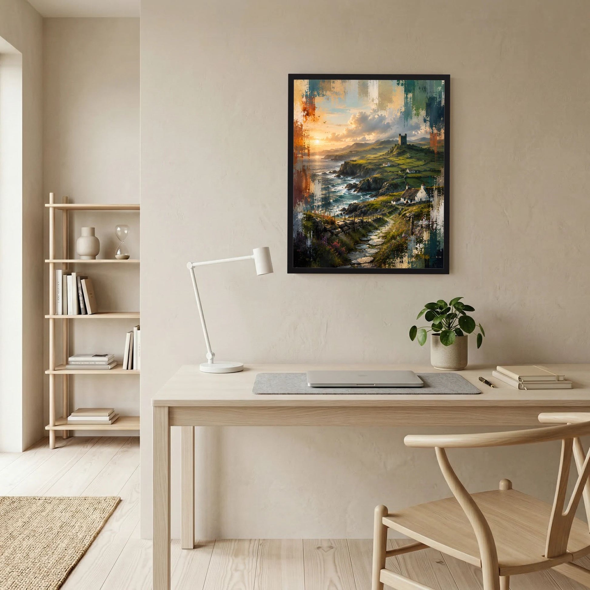 Gerahmtes Landschaftsposter im Hochformat mit Meerblick, grünen Klippen, Burgturm und Weg