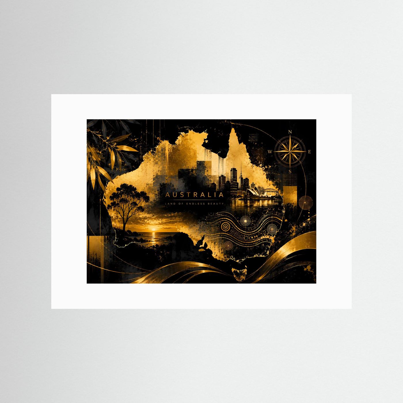 Poster mit Australien-Kontinentkarte, Skyline und Kompass in Schwarz und Gold, weißes Passepartout