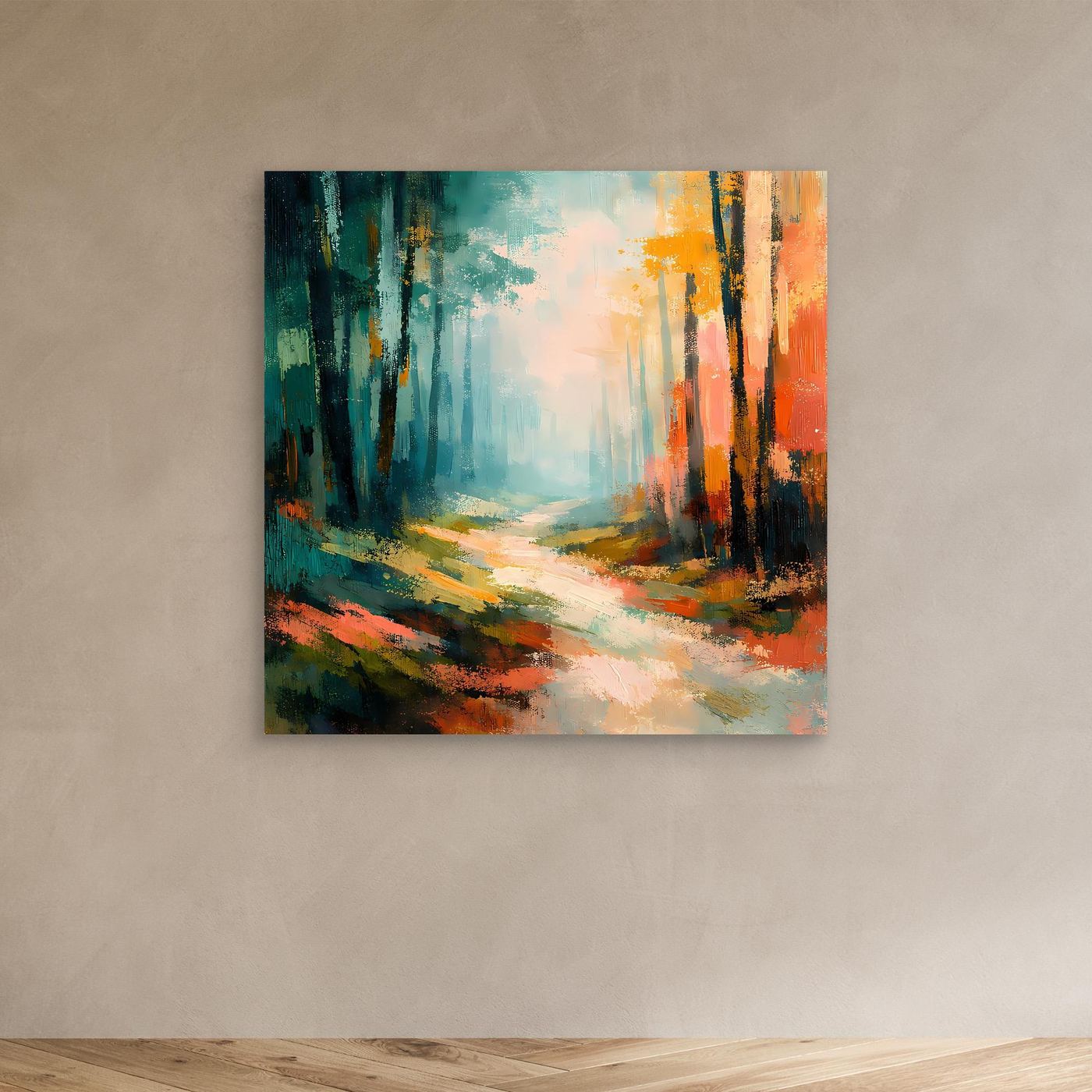 Abstraktes Leinwand-Wandbild mit breitem Waldweg in Blau-Grün und Orange, ohne Rahmen