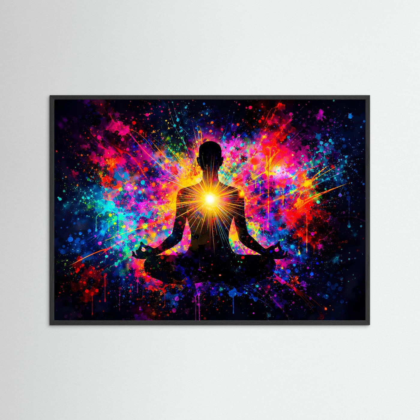 Gerahmtes Yoga-Poster: meditierende Figur mit leuchtendem Herz-Chakra, buntes Sprühnebel-Design