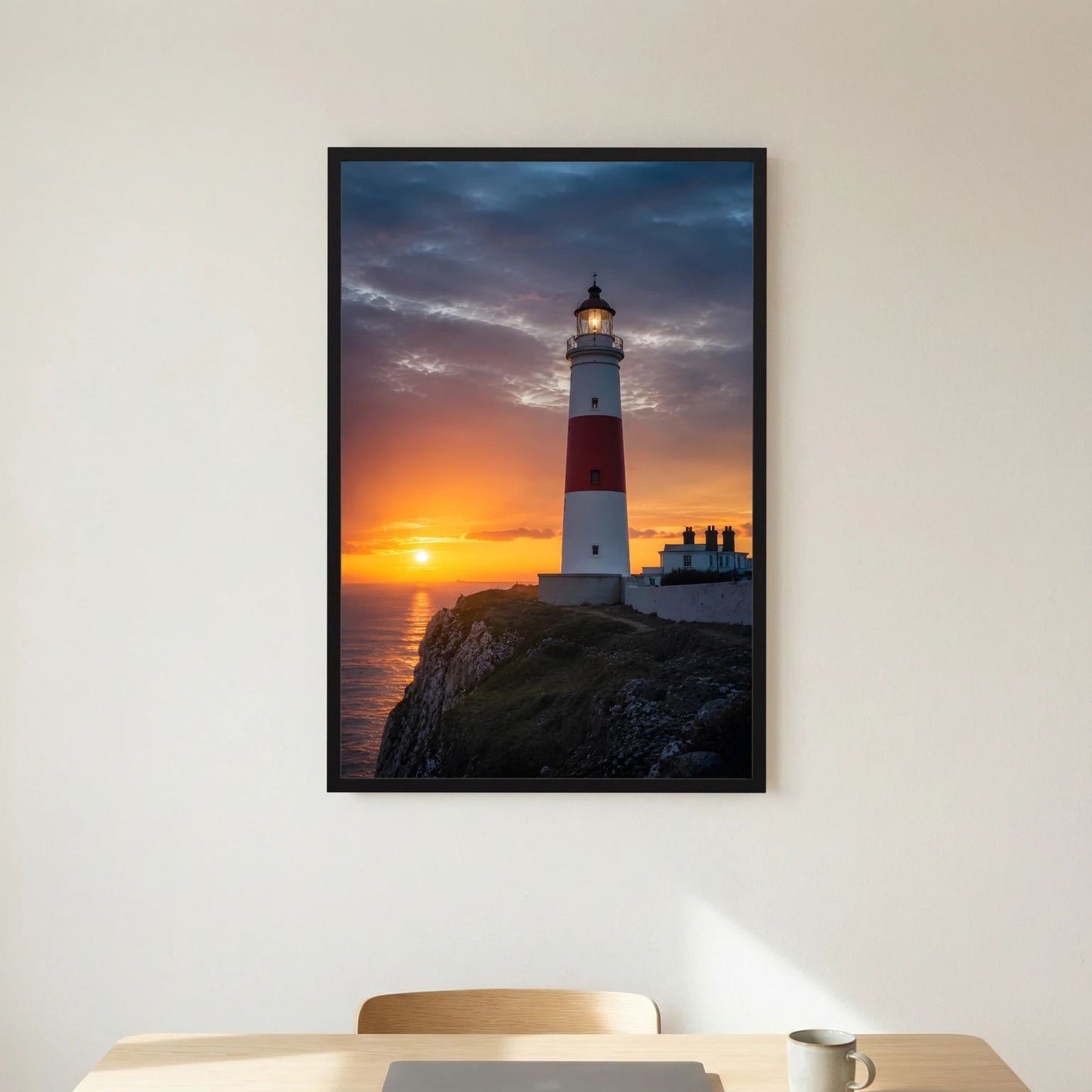 Wandposter mit Leuchtturm am Meer bei Sonnenuntergang, schwarzer Rahmen