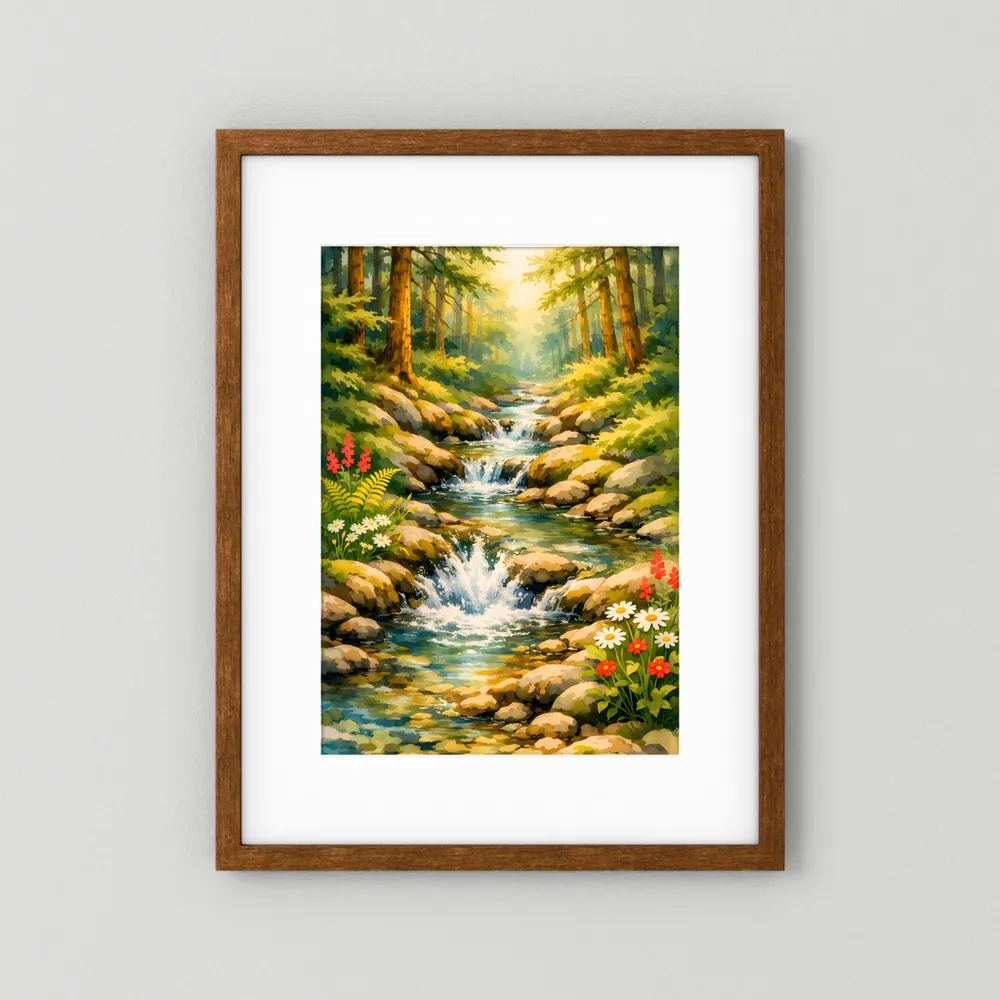 Wasserfall-Wandposter mit Bach im Wald, Felsen und Blüten, brauner Holzrahmen