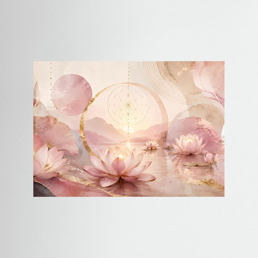 Querformat-Poster mit Lotusblüten in Rosa und Gold, geometrischen Kreisen und zarten Linien