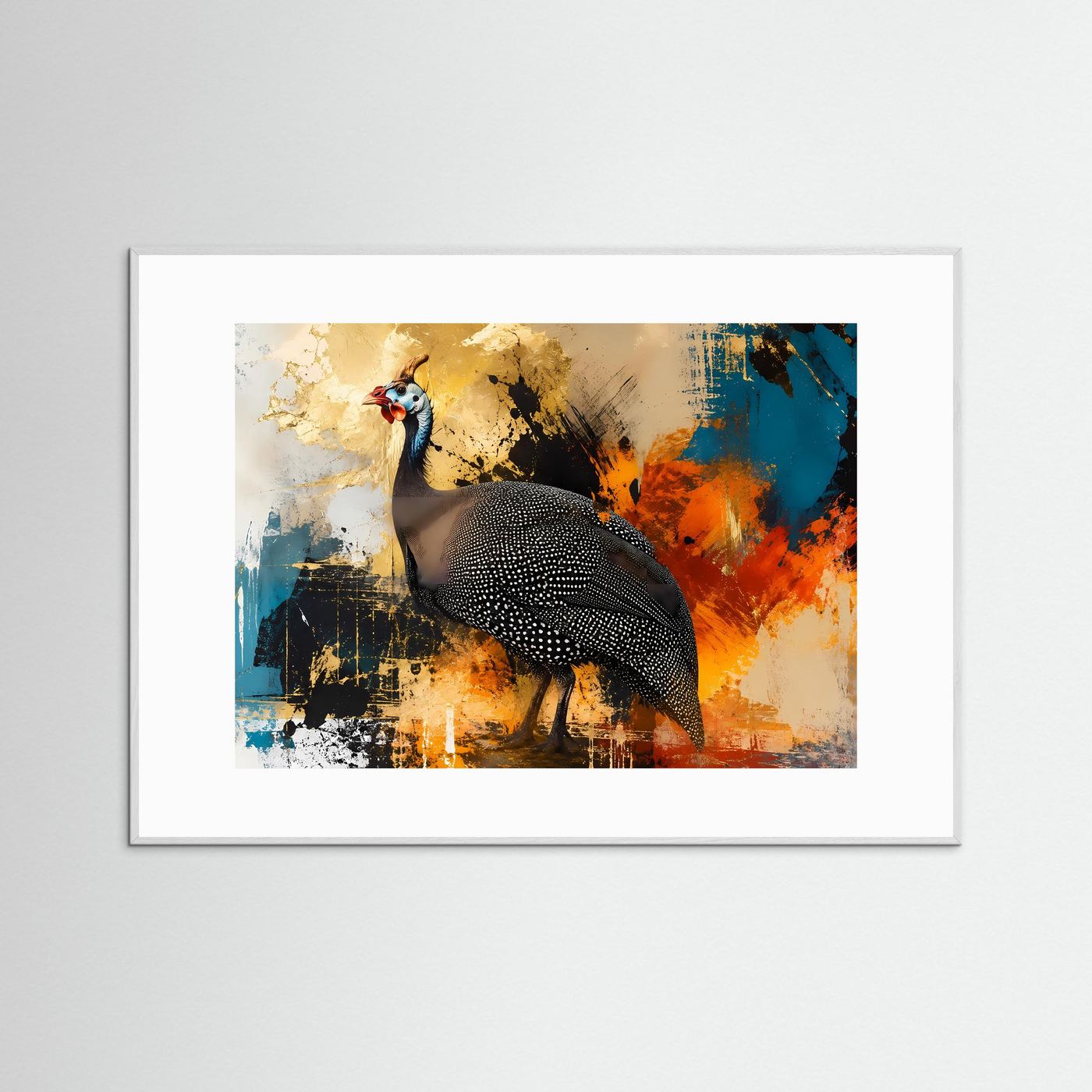 Exotisches Perlhuhn im abstrakten Farbspiel | Modernes Vogel- & Kunst-Poster Querformat