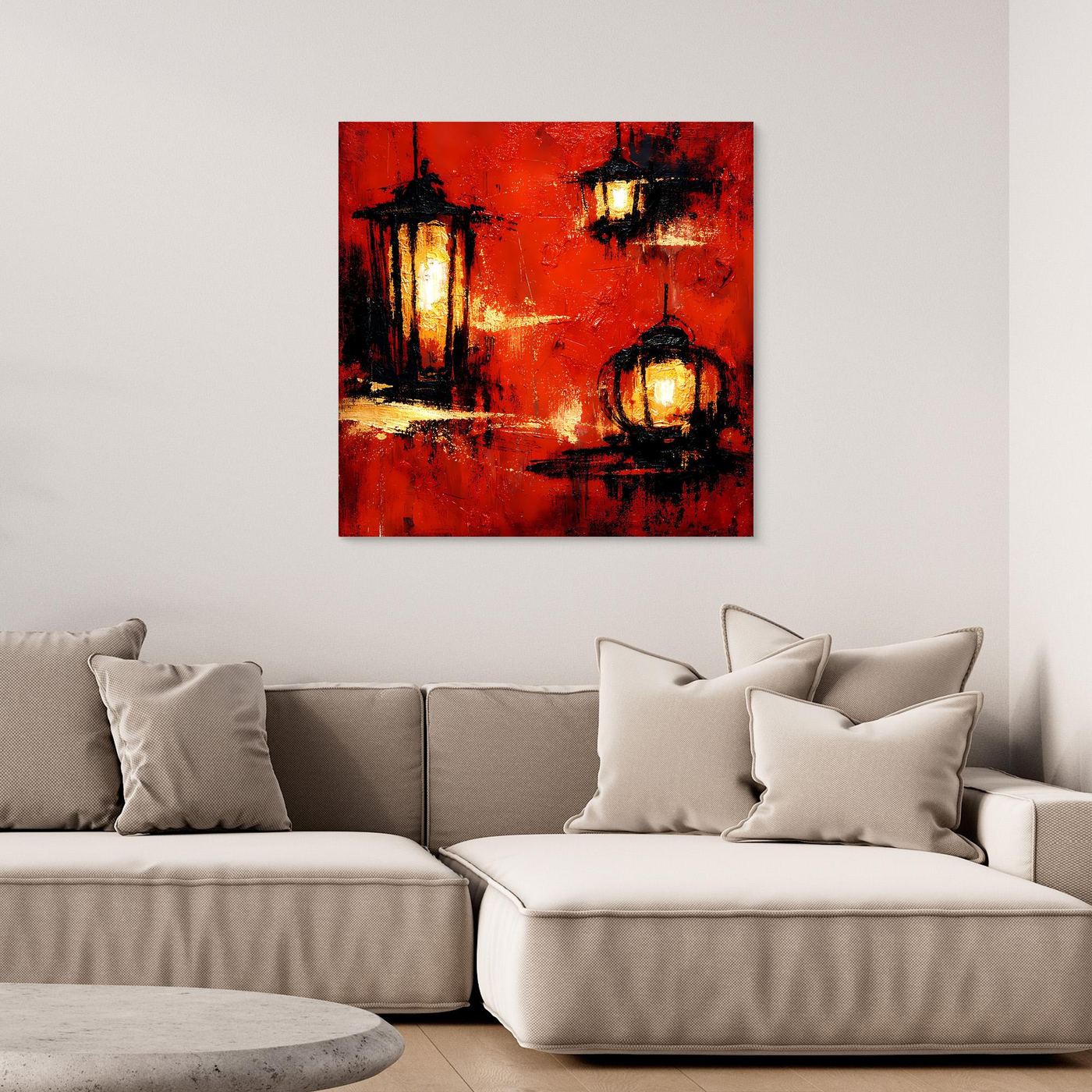 Abstraktes Wandbild mit roten Laternen und warmem Licht, goldene Akzente