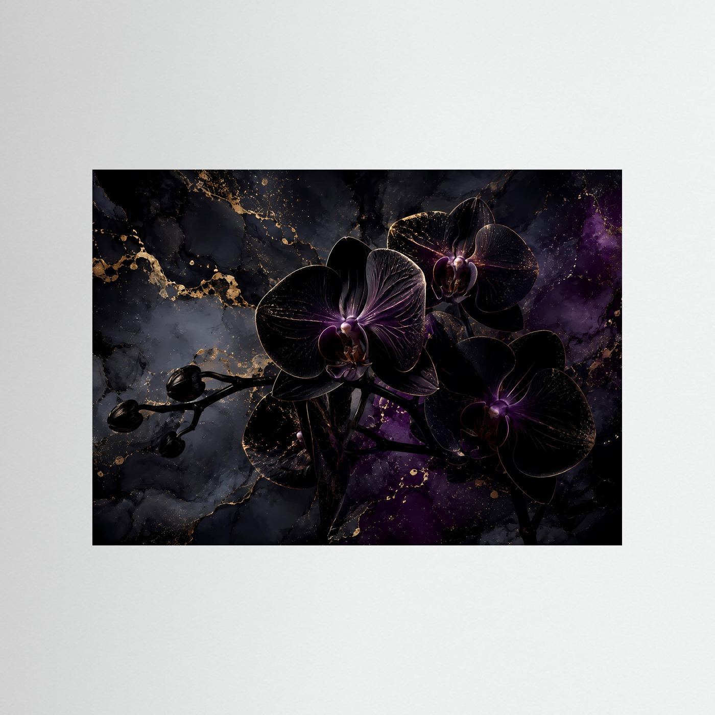 Schwarze Orchideen in Gold & Violett | Luxuriöses Florales Wandbild Querformat