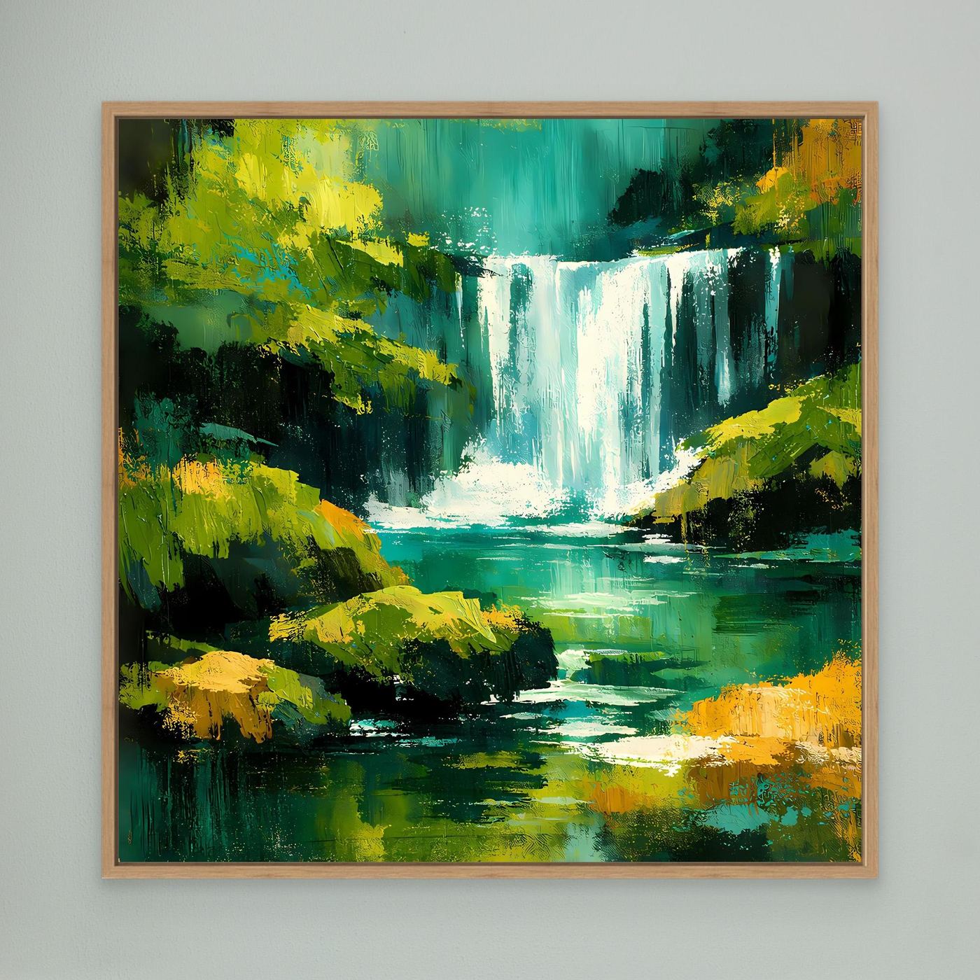 Wandbild mit abstraktem Dschungel-Wasserfall in Grün, Gelb und Türkis, Eichenrahmen