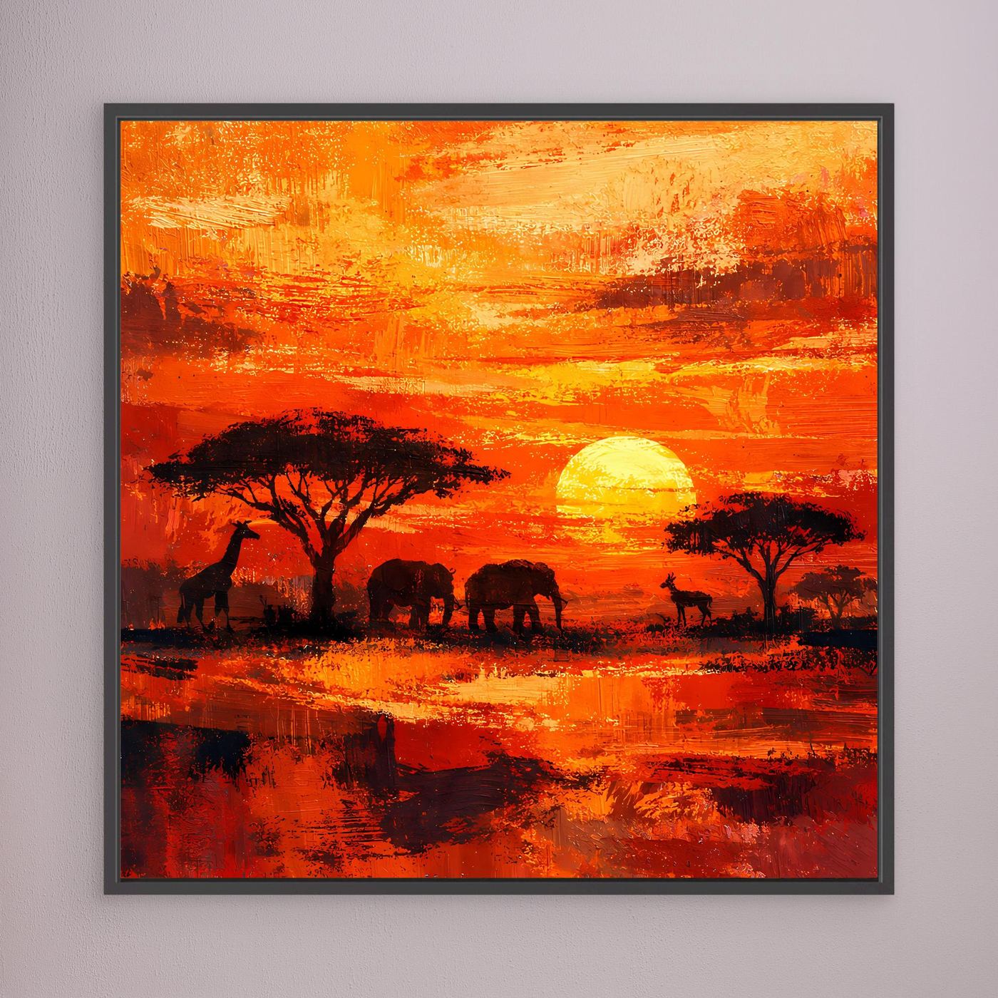 Leinwand Afrikanische Savanne bei Sonnenuntergang | Modernes Elefanten & Giraffen Wandbild