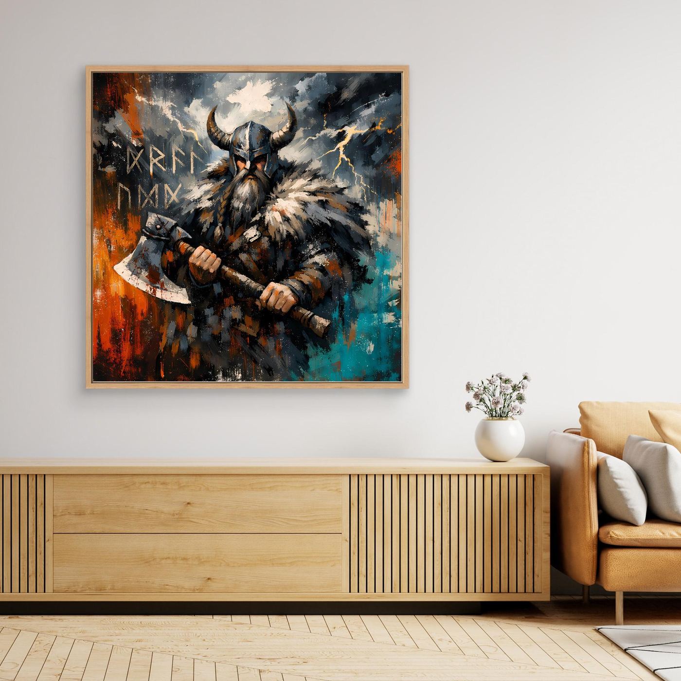 Abstraktes Wandbild mit Wikingerkrieger und Streitaxt, heller Holzrahmen