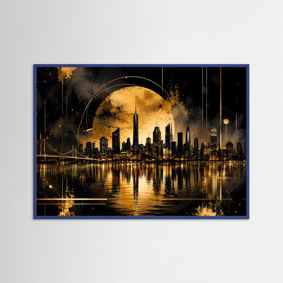 Poster Querformat mit goldener Stadtansicht bei Nacht in blauem Rahmen und Spiegelung