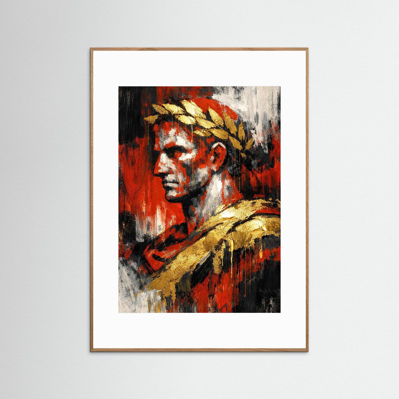 Abstraktes Bullenporträt-Kunstposter, Schwarz-Rot mit goldenem Akzent, im kupferfarbenen Rahmen