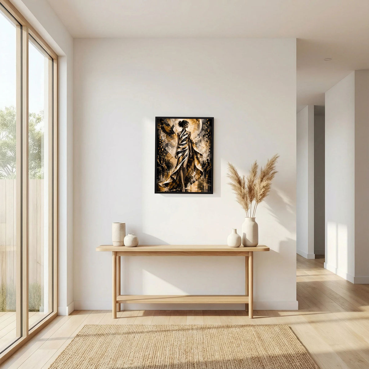 Hochformatiges Poster mit stilisierter Frau in Schwarz, Weiß und Gold im Mosaikstil